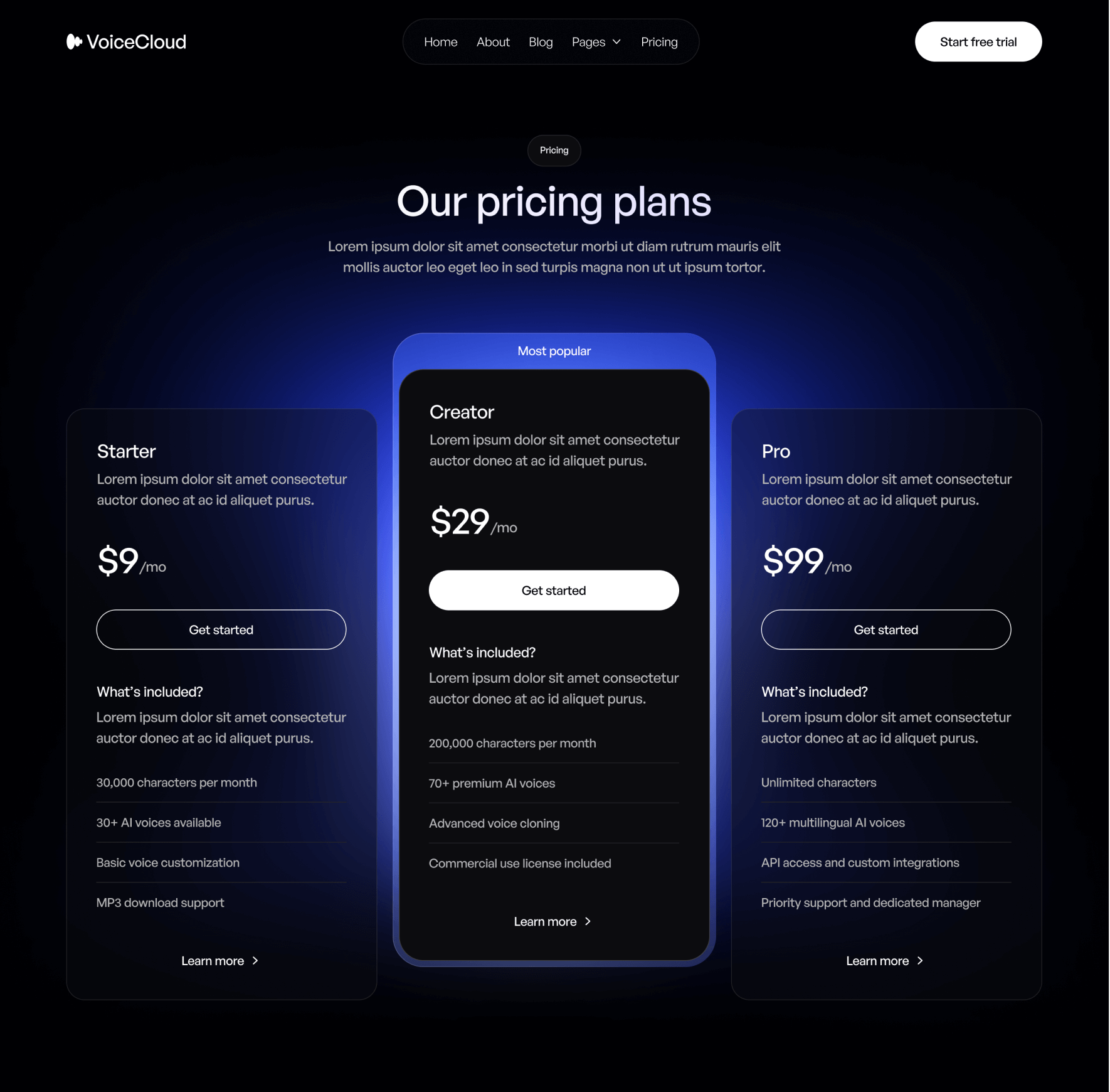 VoiceCloud - Pricing Page - Text to Speech App Webflow Template | BRIX Templates
