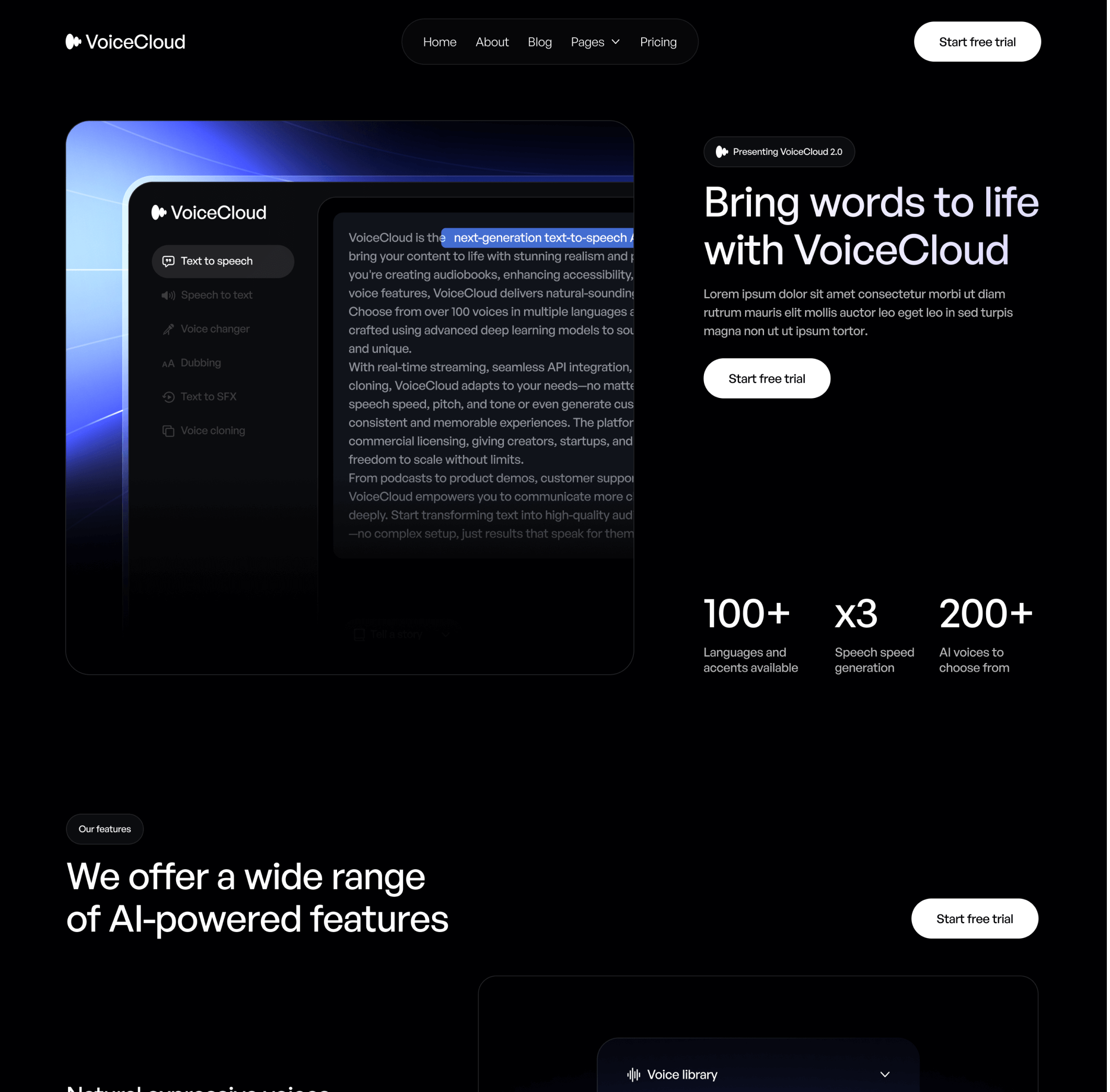 VoiceCloud - Home V2 Page - Text to Speech App Webflow Template | BRIX Templates