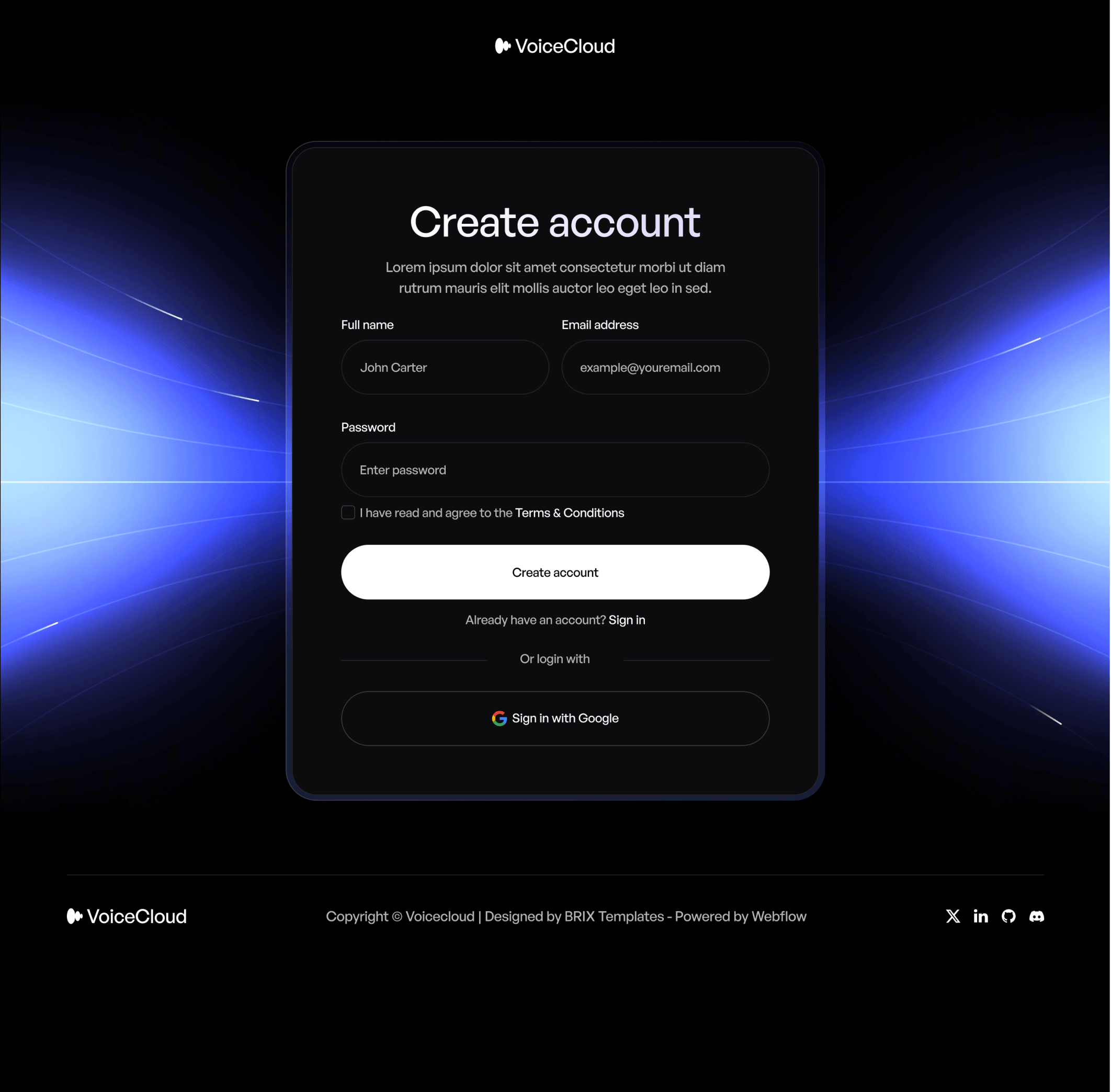 VoiceCloud - Sign Up Utility Page - Text to Speech App Webflow Template | BRIX Templates