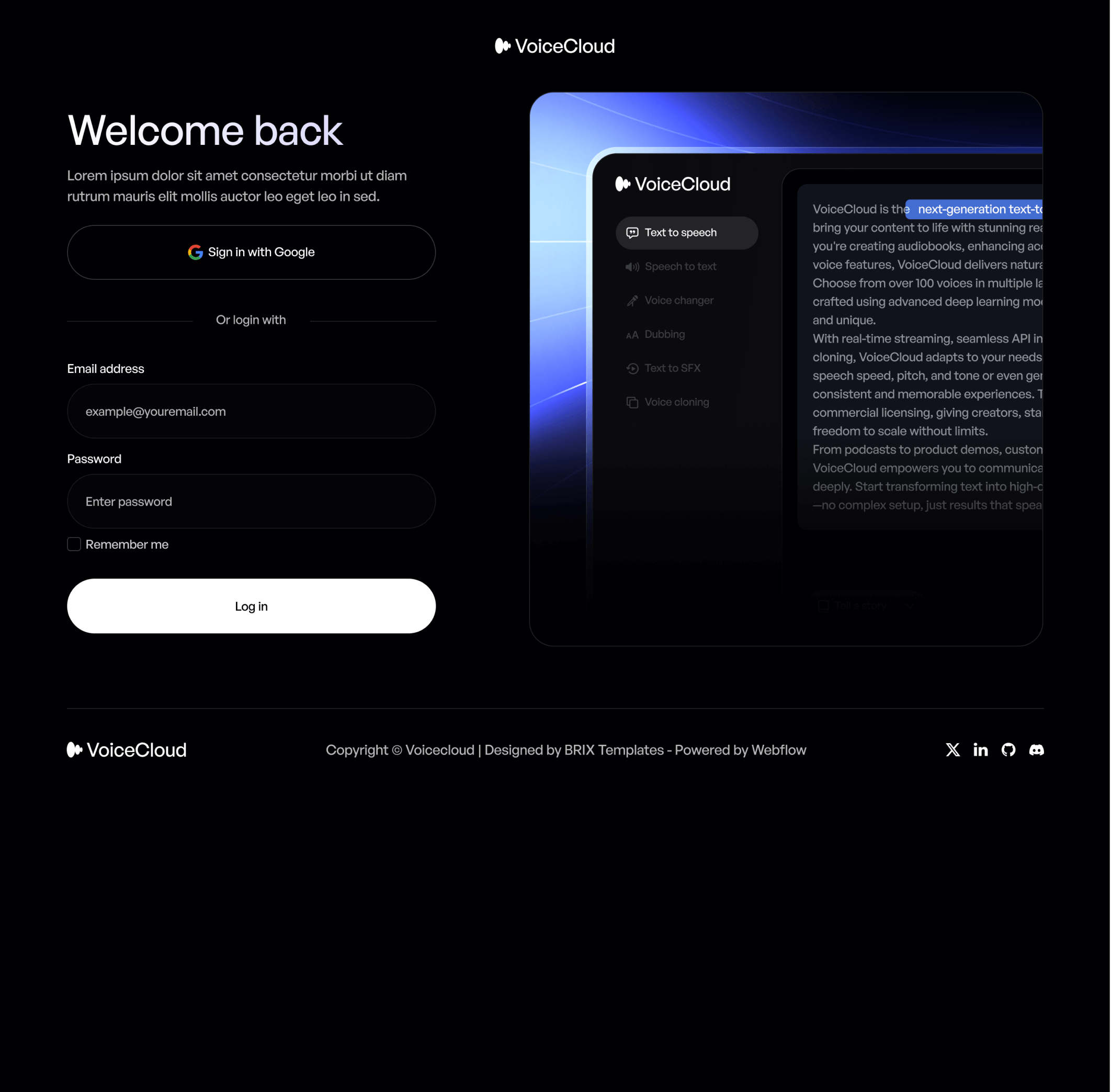 VoiceCloud - Sign In Utility Page - Text to Speech App Webflow Template | BRIX Templates