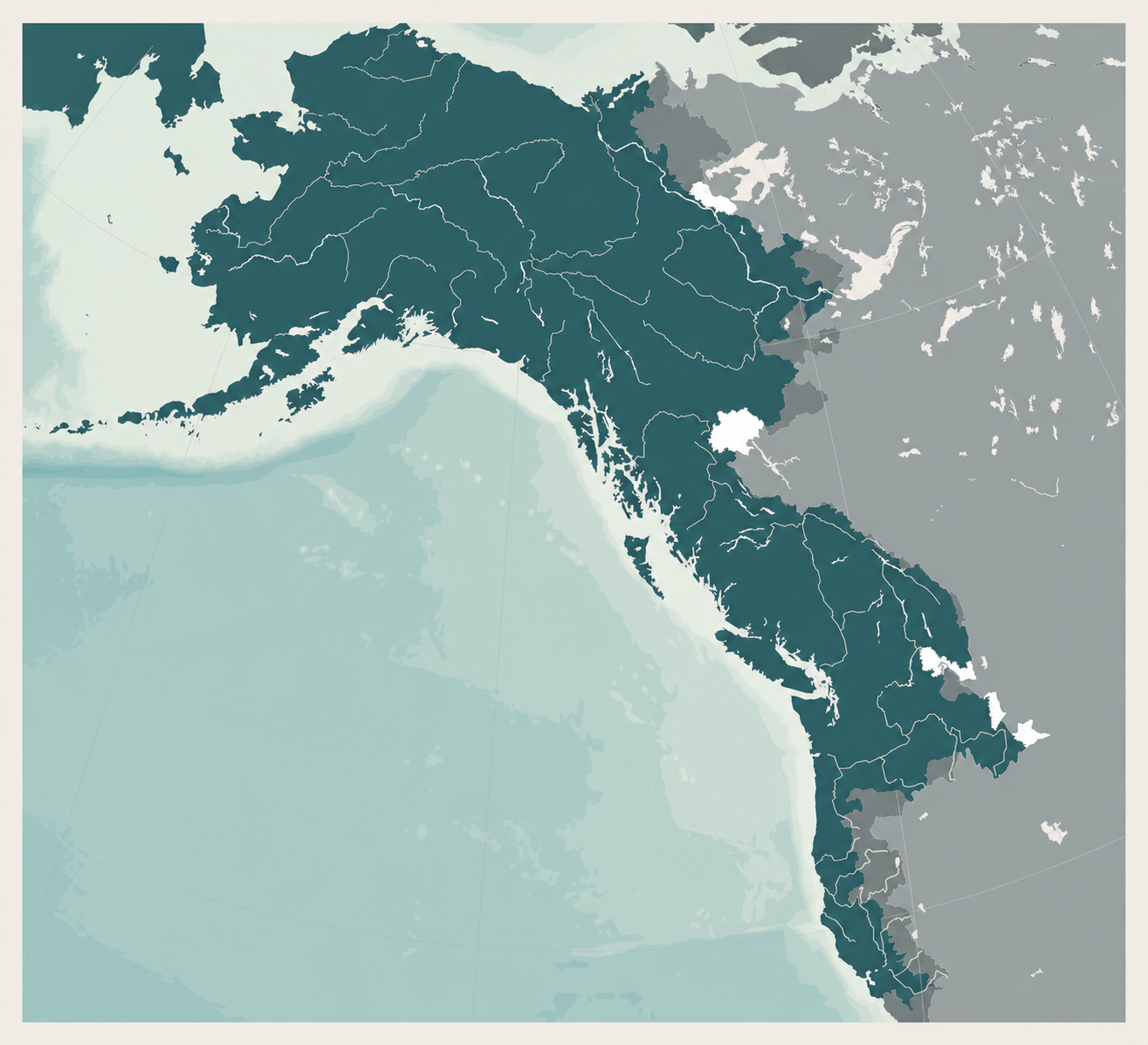 The Salmon Nation bioregion highlighted in teal over the surrounding grey geography of northwestern North America