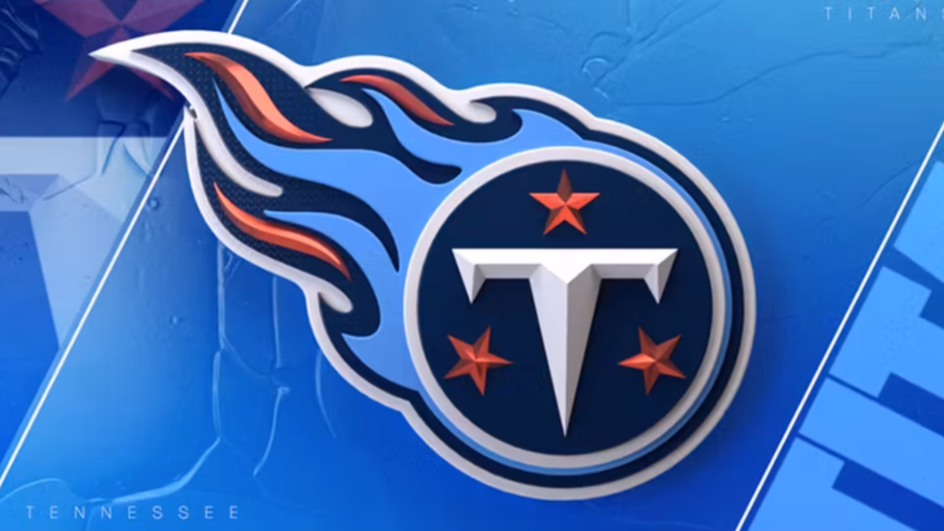 Tennessee Titans NFL team logo featuring a white T with red stars and blue flames on a blue background.