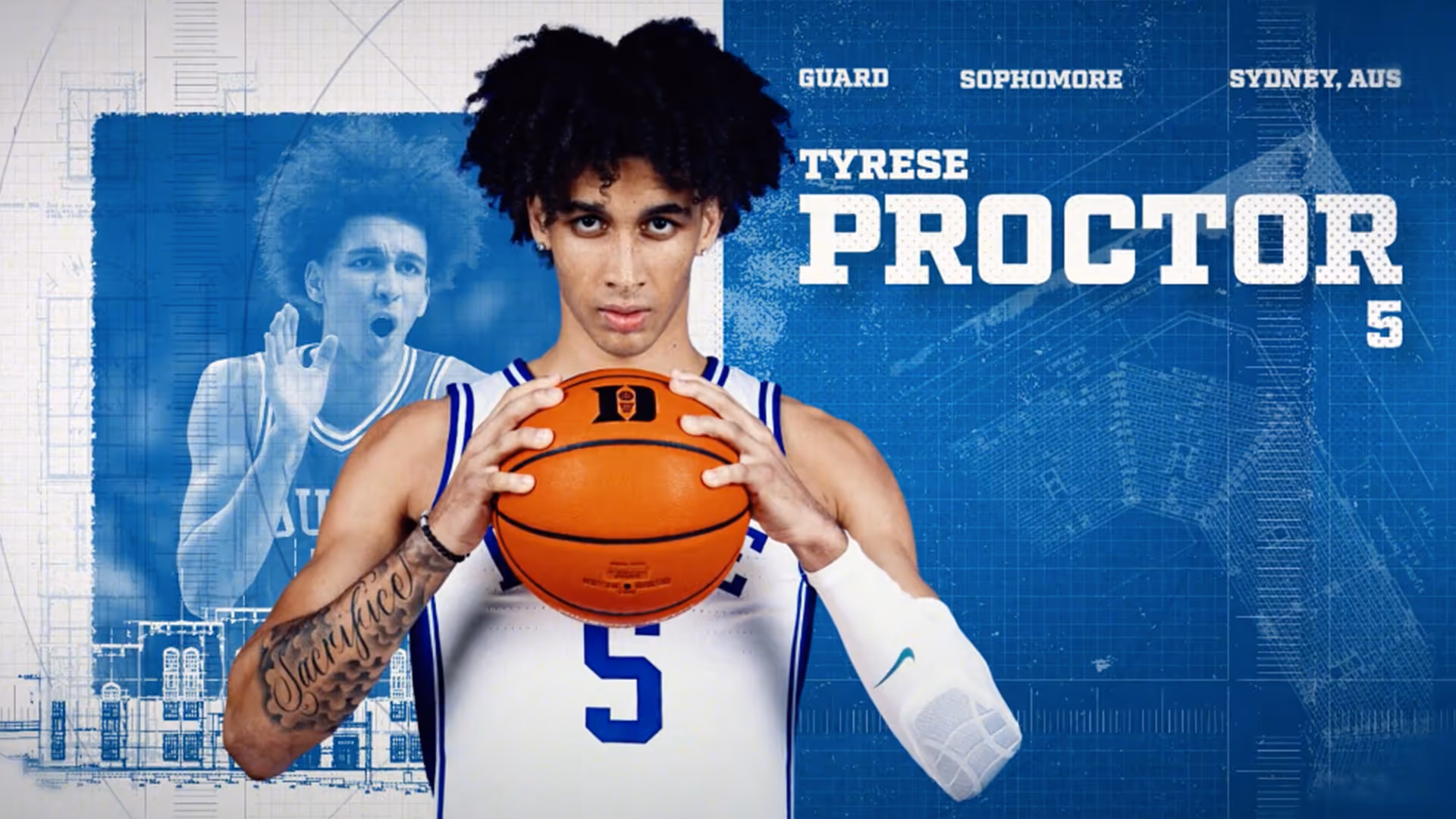 Basketball player Tyrese Proctor in white Duke jersey holding a basketball, with text showing guard, sophomore, Sydney, Australia, and number 5.