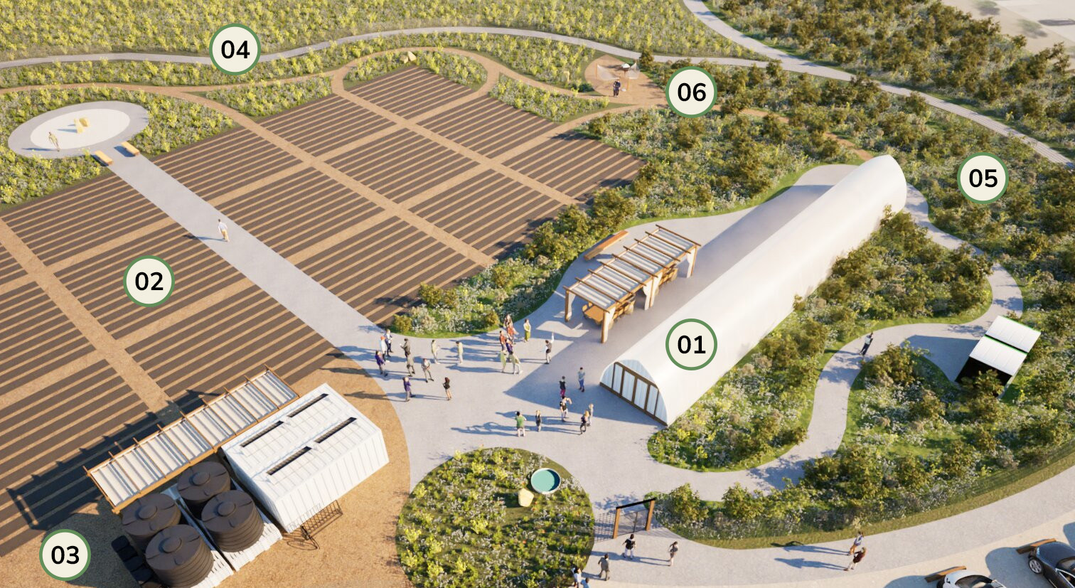 Render image of the farm design from above.