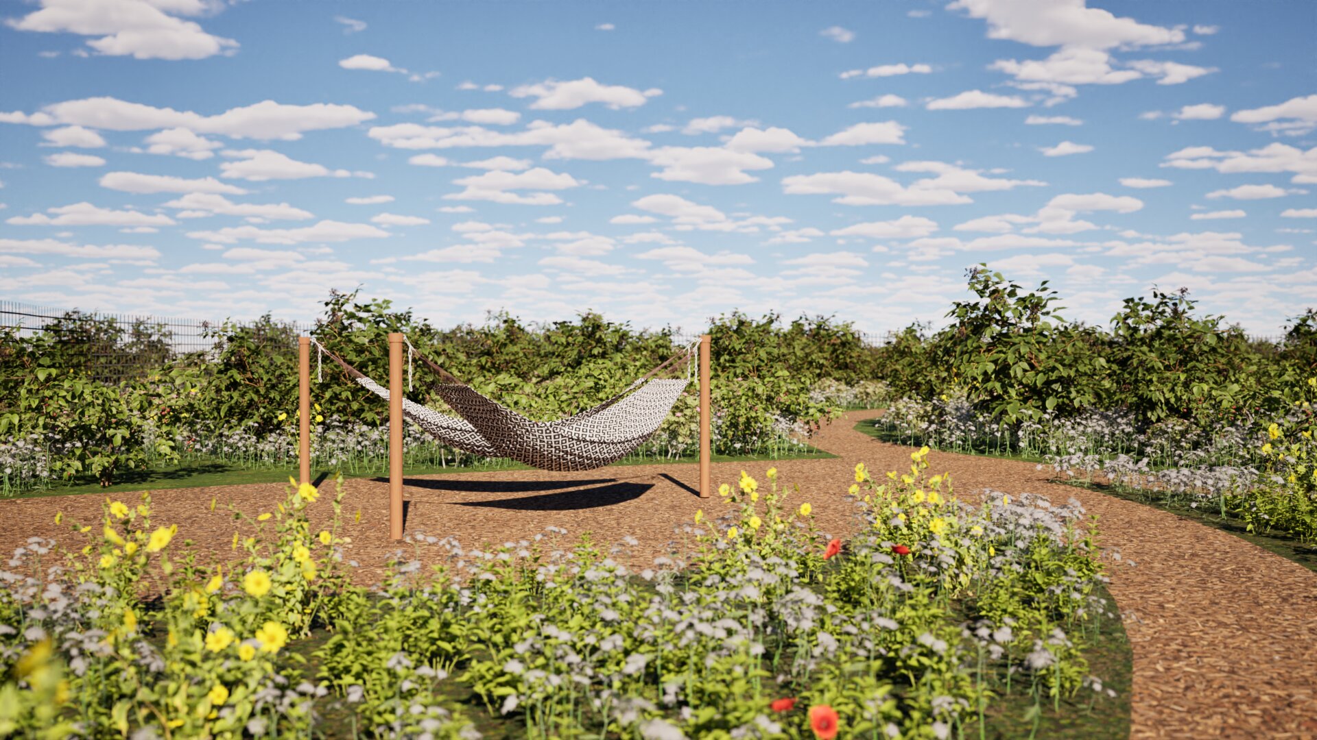 Render image of two hammocks surrounded by Messy Meadow and Shrubby Shelterbelt.