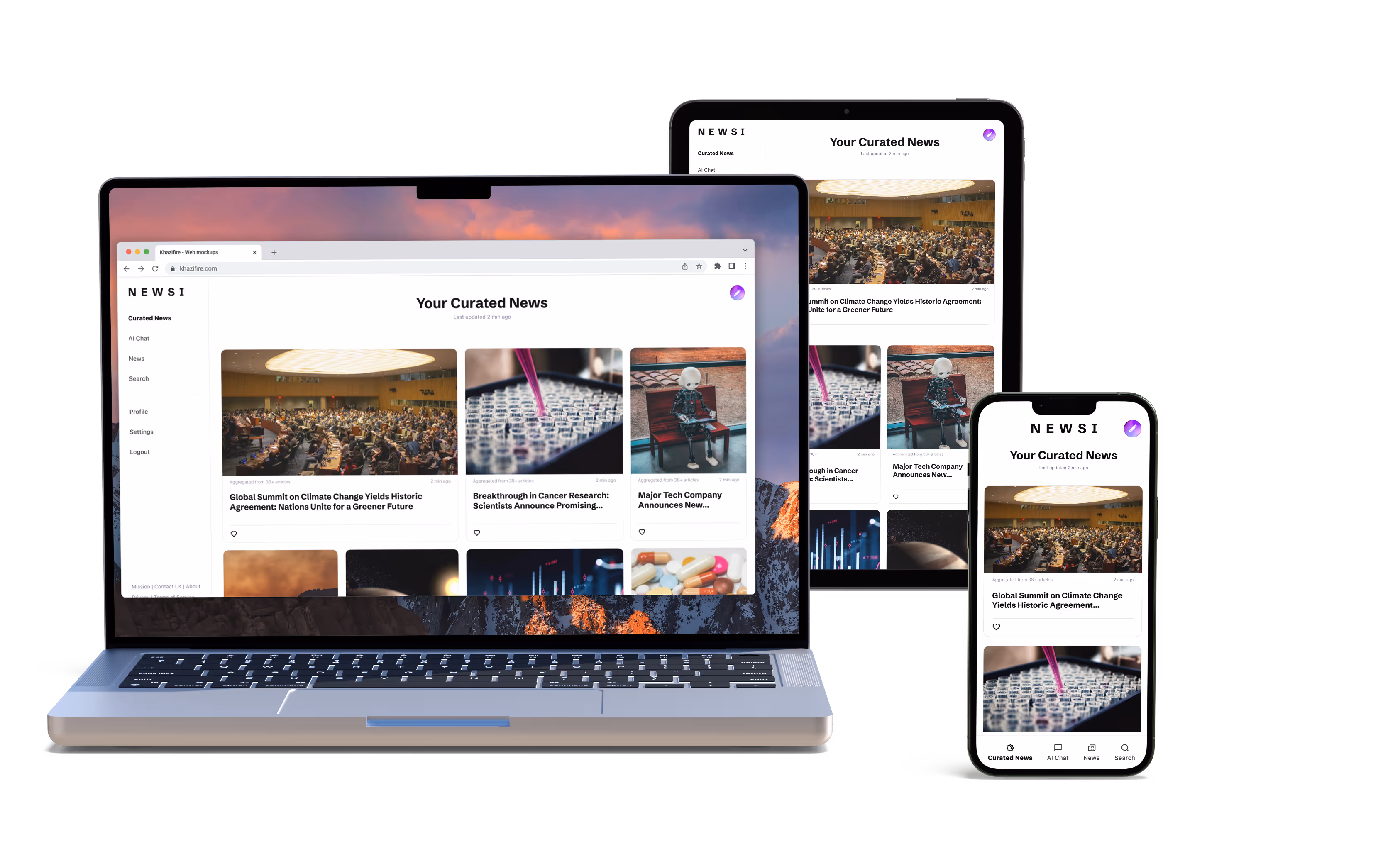 Mockups of the NEWSI site on desktop, tablet and mobile devices.