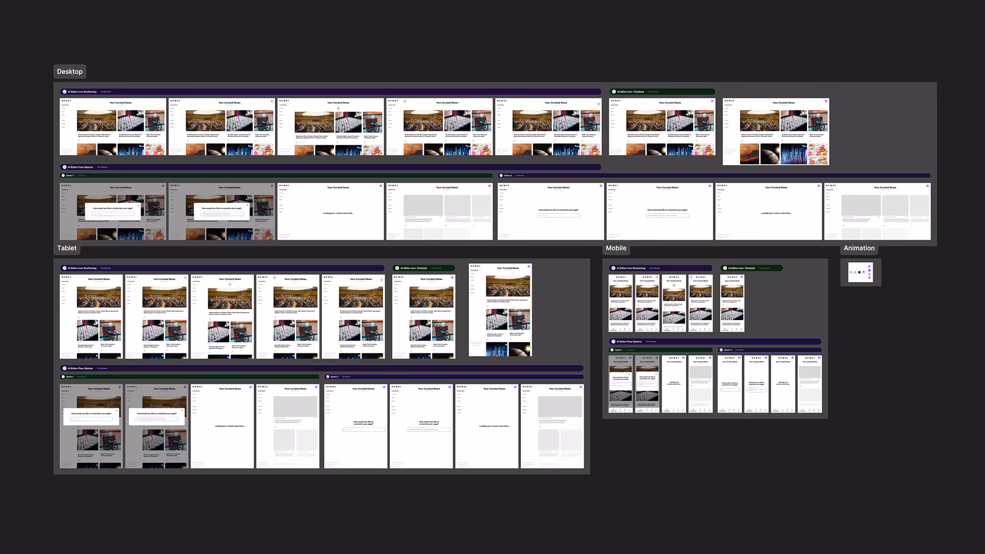 An overview of the NEWSI design process, showing placement iteration for the feature, and different designs of the user flow for desktop, tablet and mobile devices.