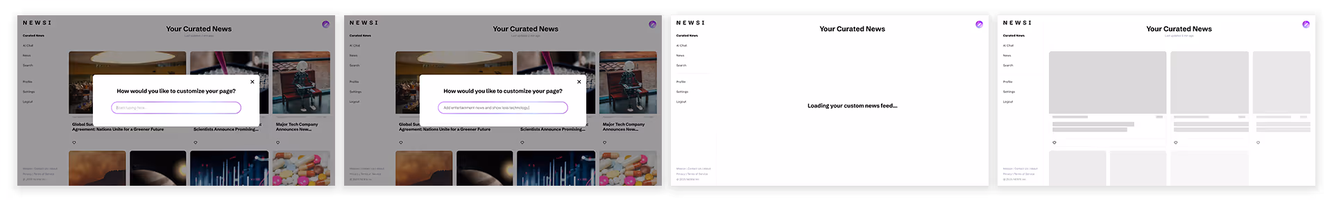 The first option created for how the user flow would look, with the interactive chat displaying as an overlay and then reloading the entire page for the user once they have written out their changes.