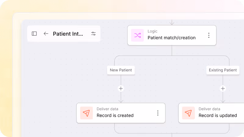 Intellistack workflow automation screenshot showing a patient intake logic flow with conditional routing for new and existing patients