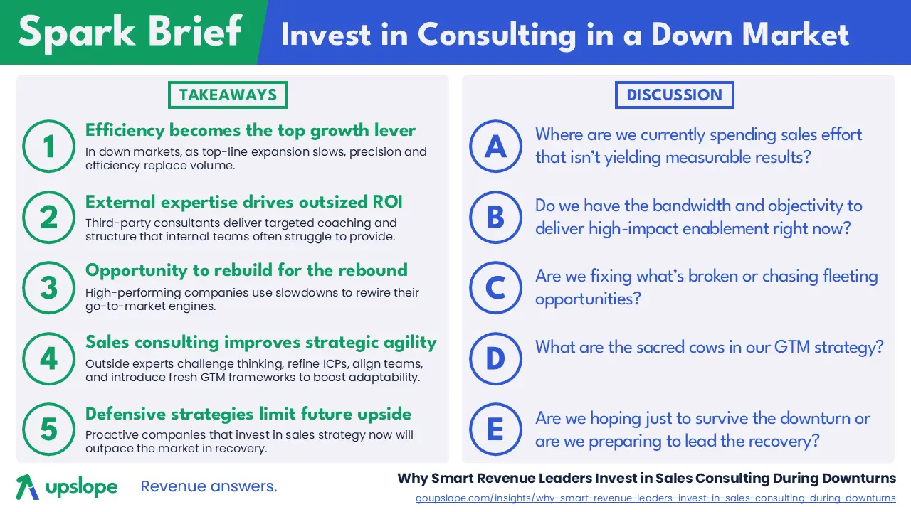 Key takeaways and discussion points from the linked article on investing in sales consulting during down markets.