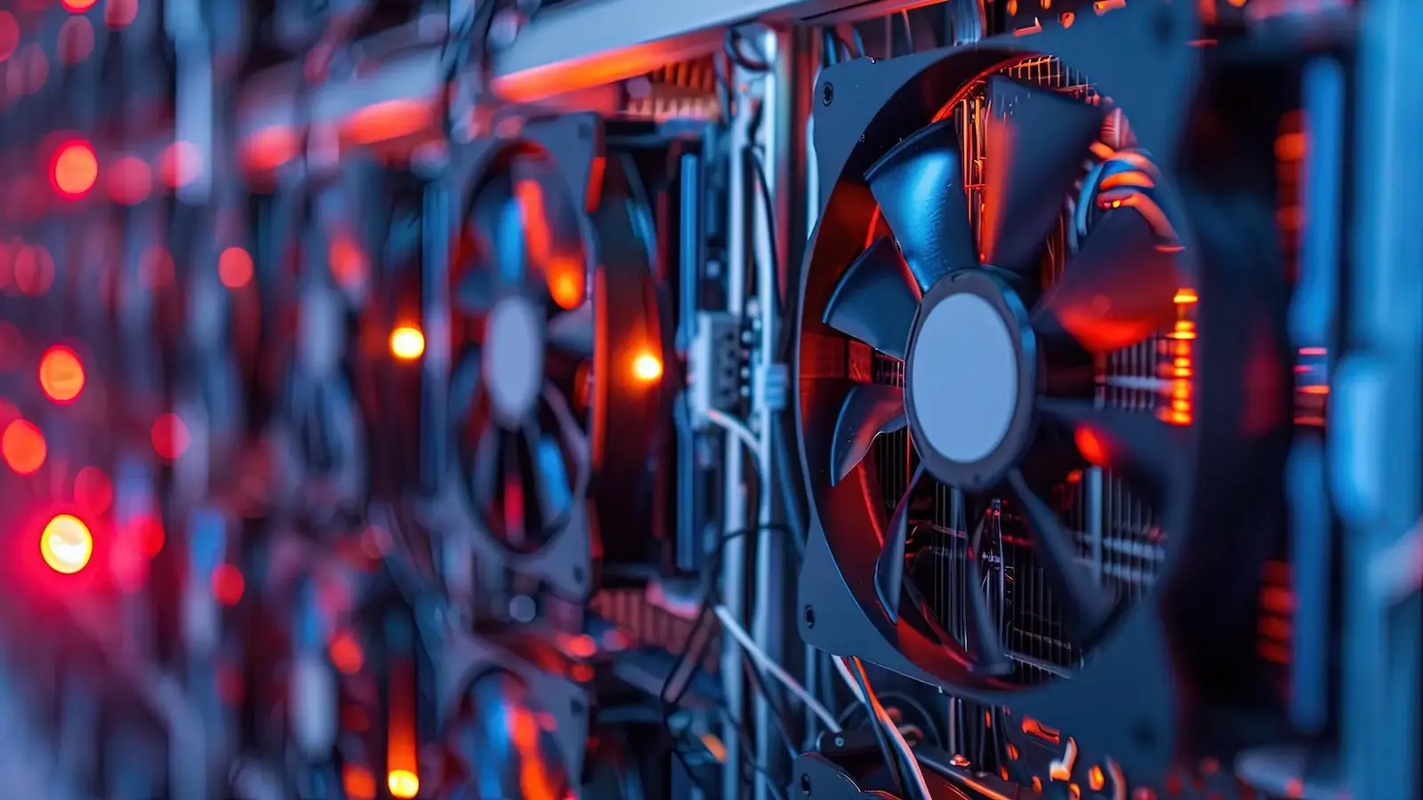 A close-up shot of fans in a server farm.