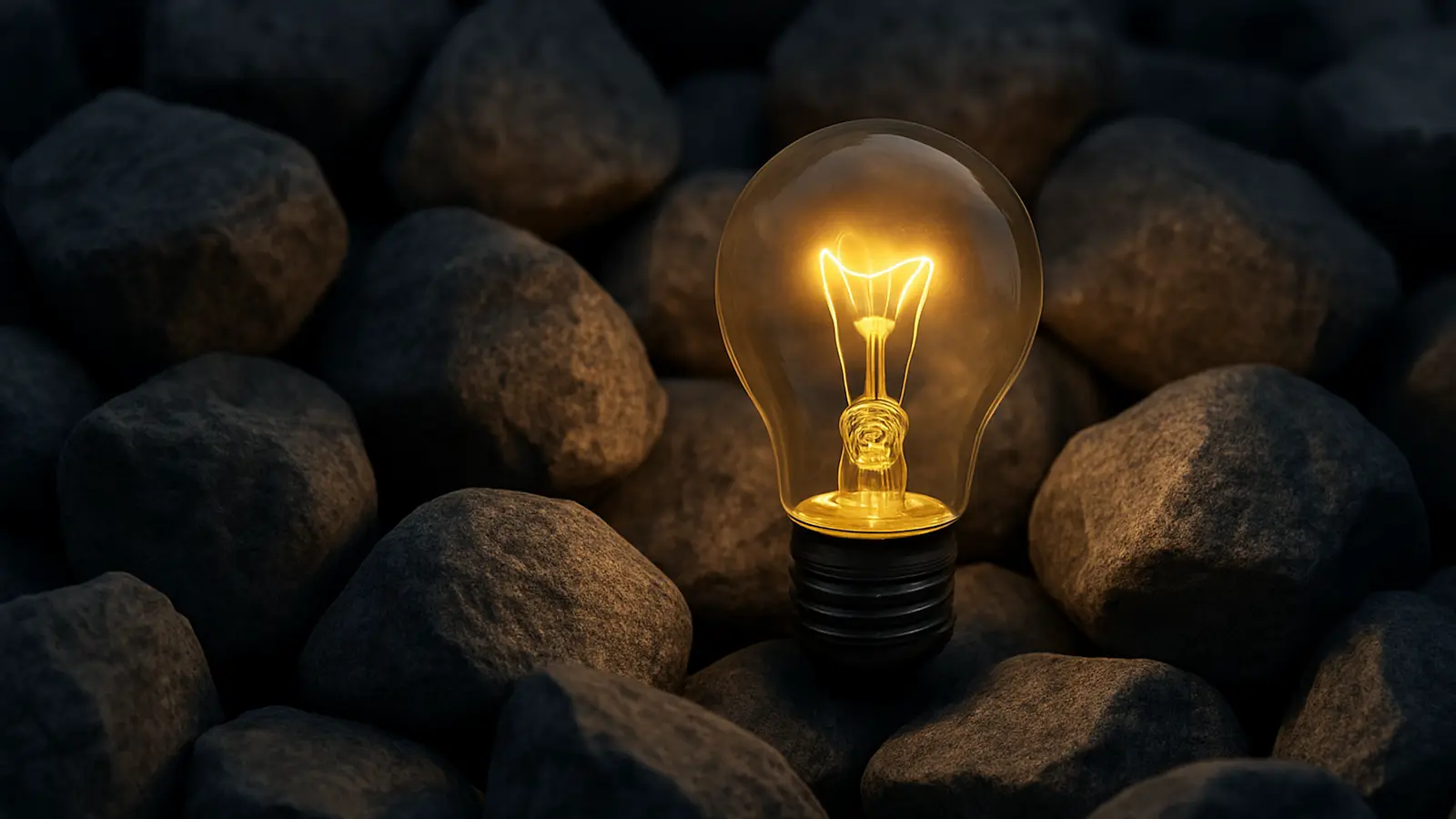 A lightbulb burning amongst dark rocks, indicating an idea on how to move forward when others are stagnant.
