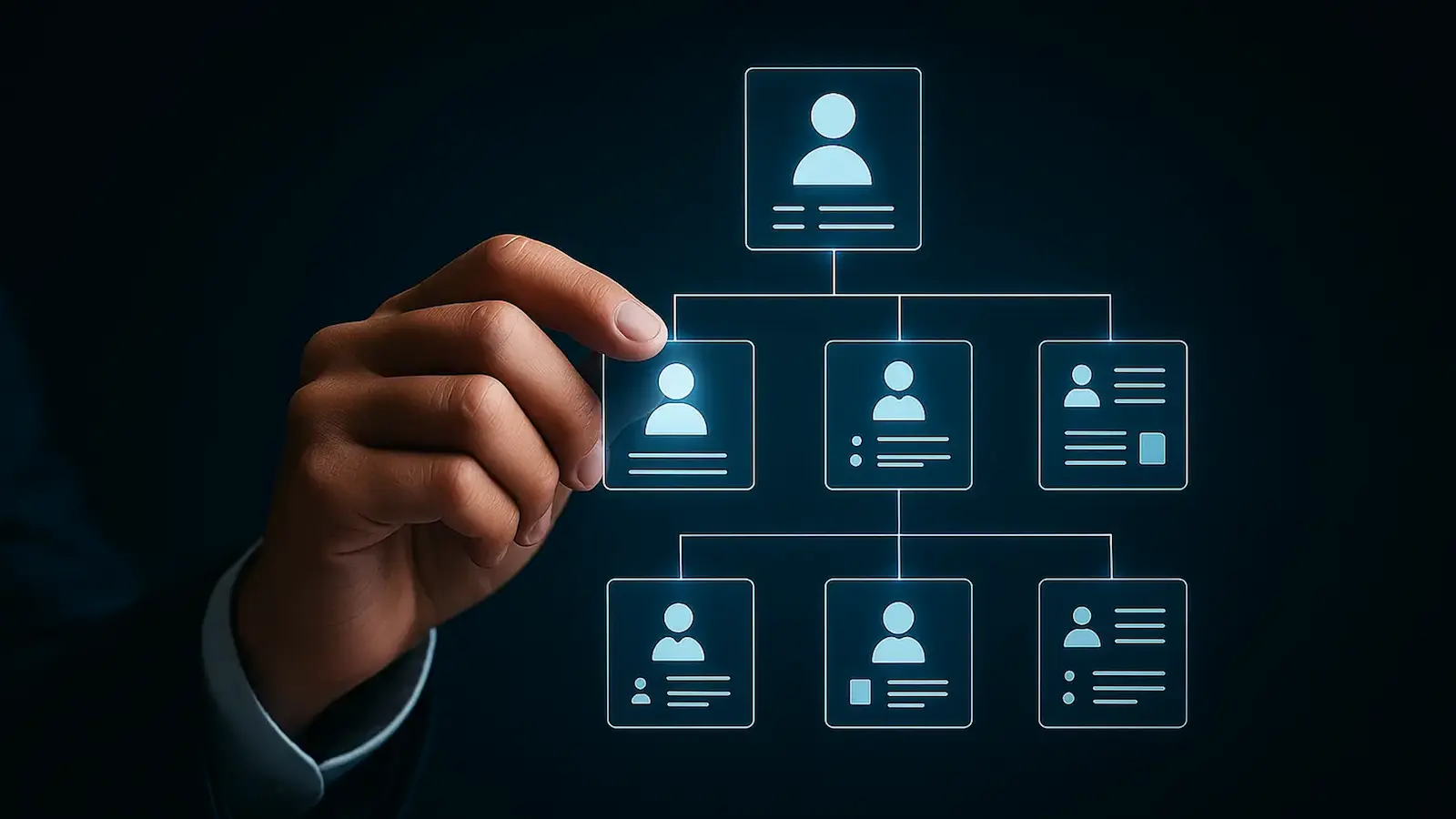 A hand holding up a digitial org chart.