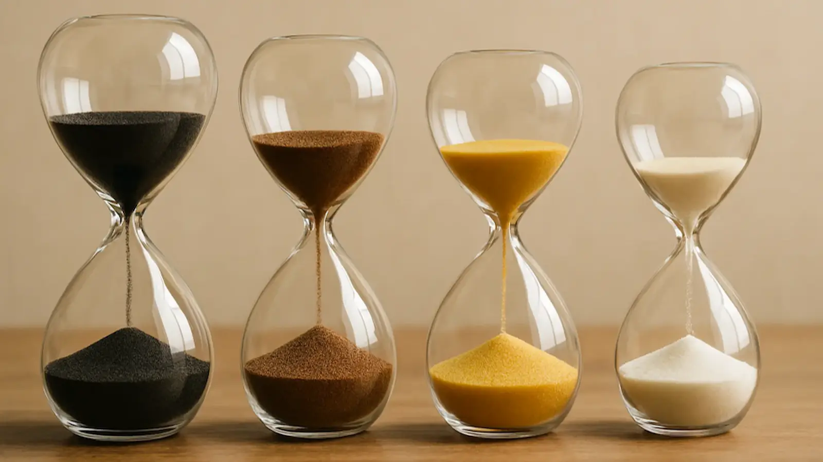 Four hourglasses arranged side by side from tallest to shortest and with differently colored sand ranging from dark to light.