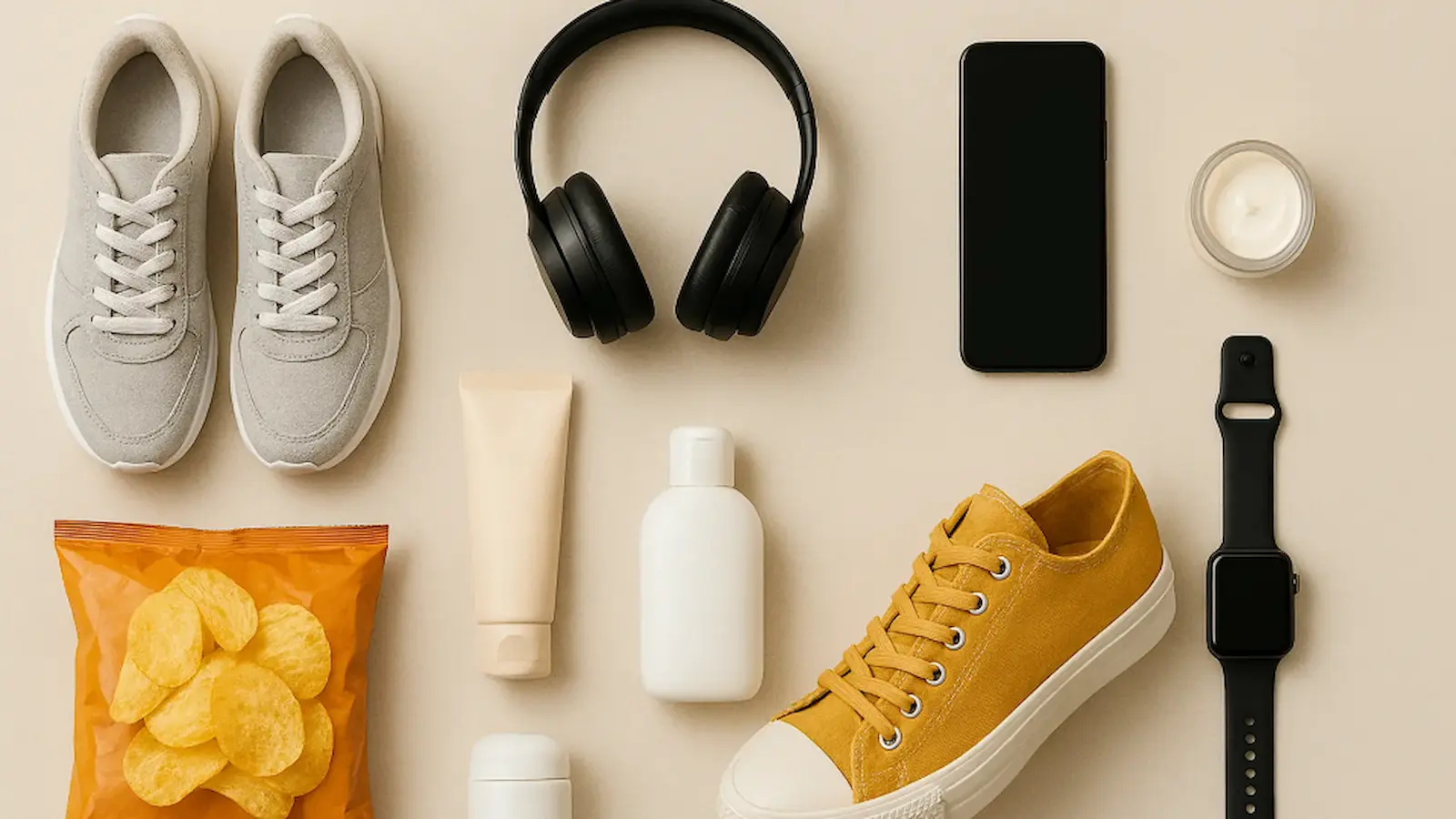 Shoes, headphones, potato chips, toiletries, and personal electronics.