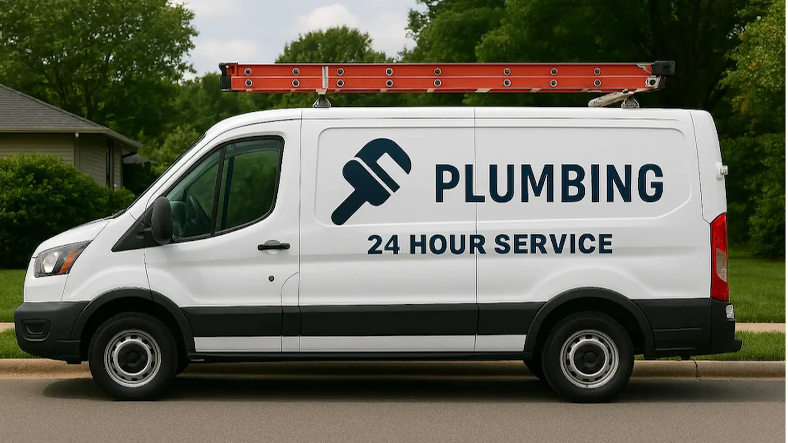 A plumbing van parked in front of a house.