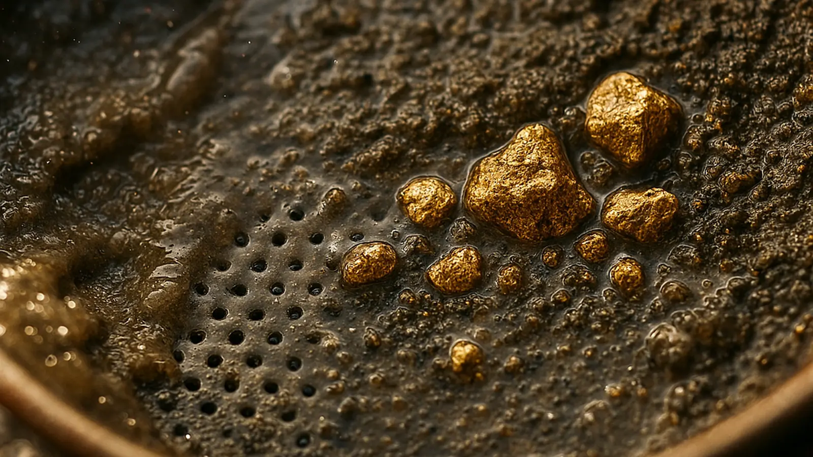 Gold nuggets in a sifting pan
