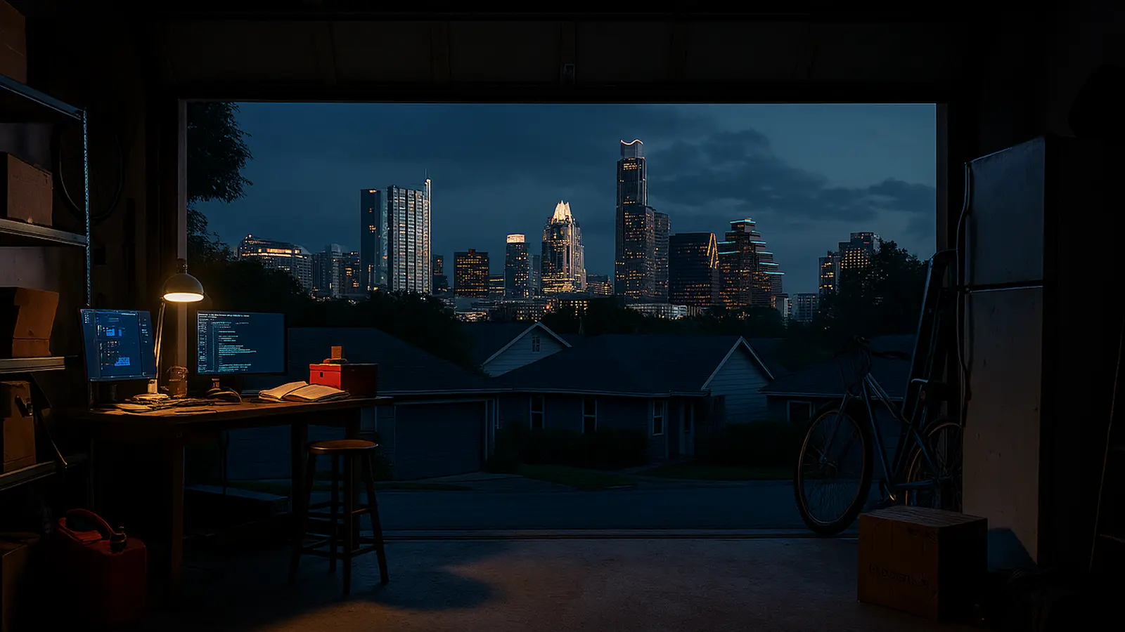A view looking out from a garage where someone is working on code, overlooking downtown Austin