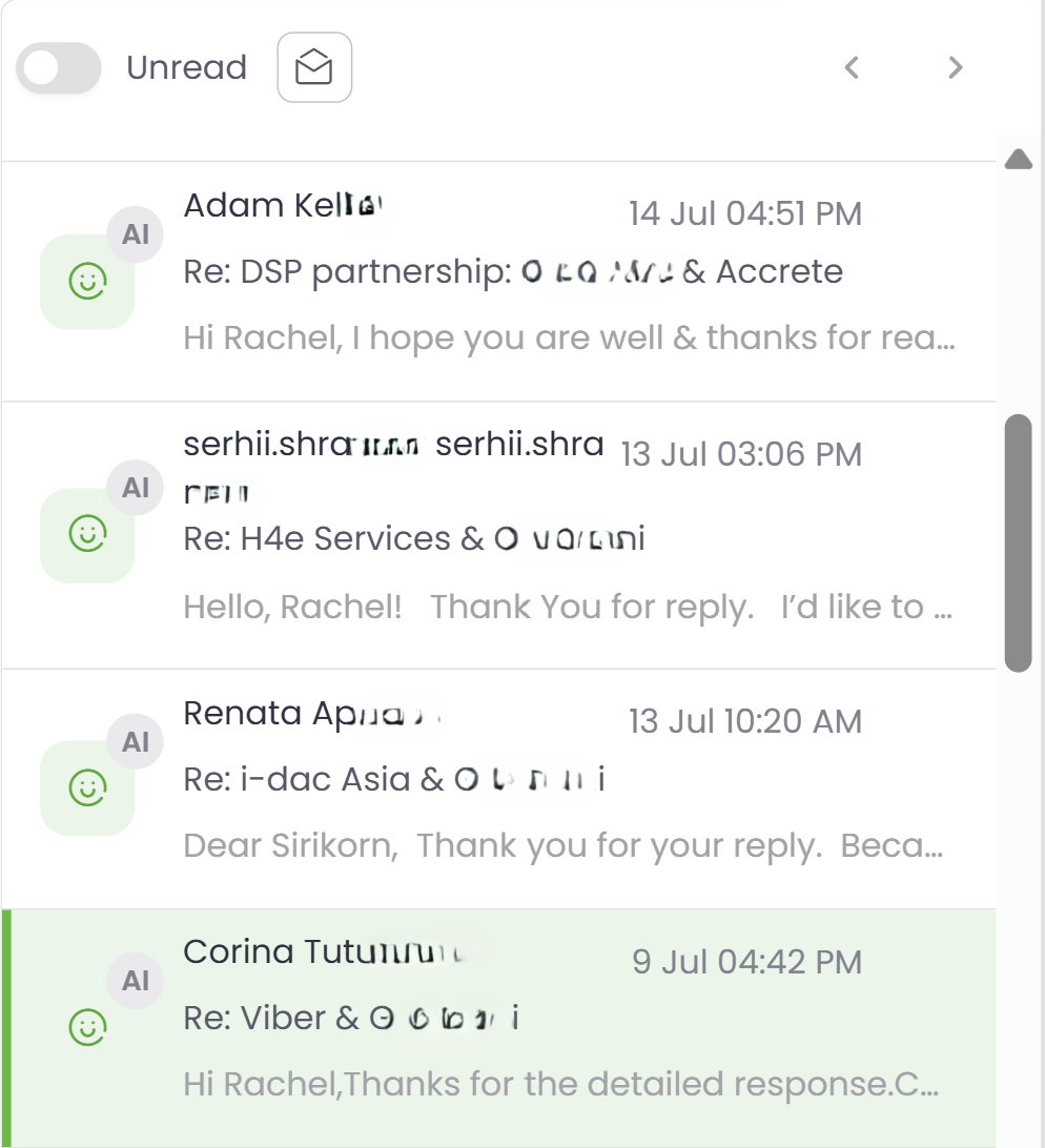 Email inbox feed showing incoming positive responses and replies to automated B2B cold outreach campaigns, highlighting AI lead categorization tags, client contact names, and partnership discussion threads.