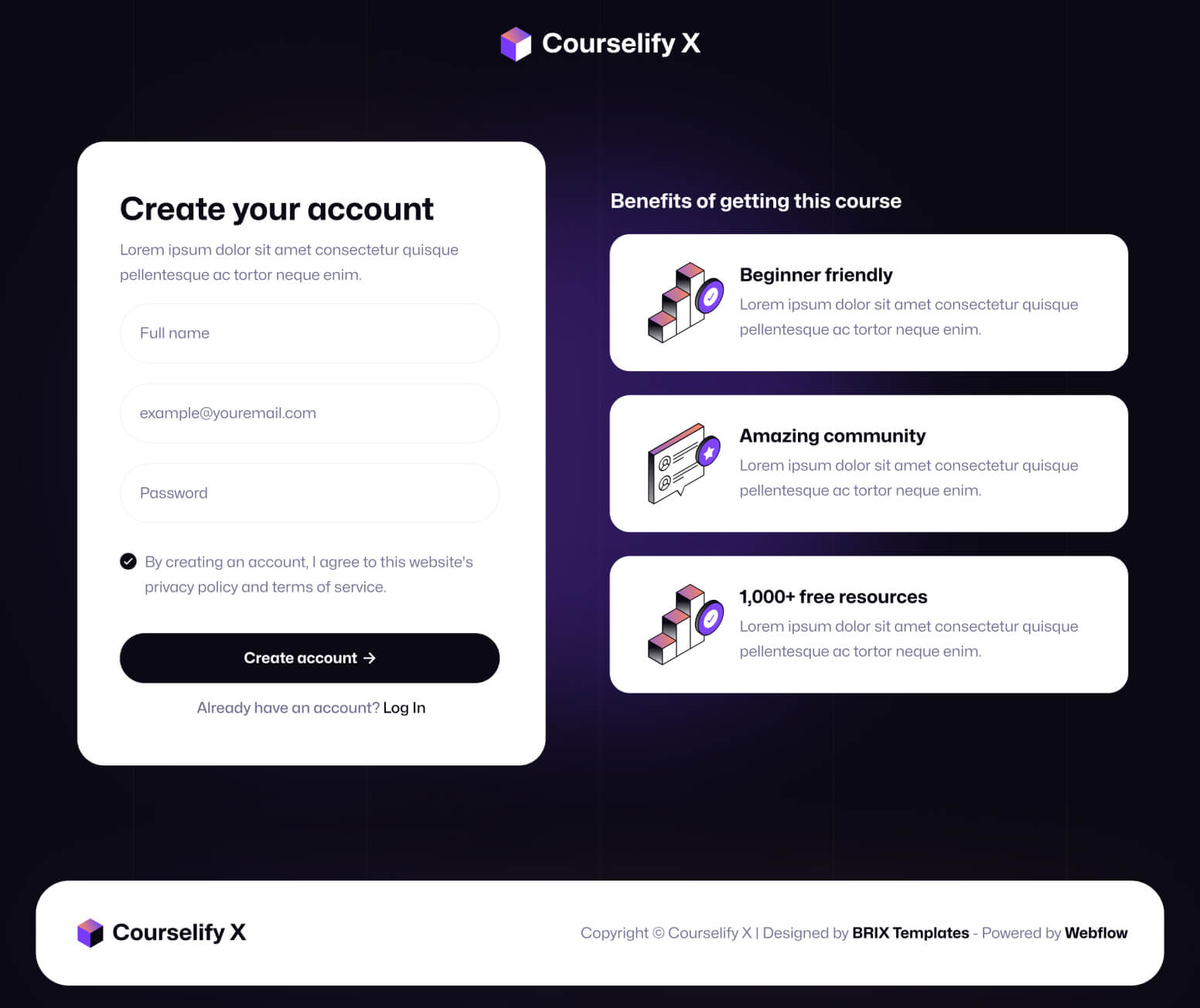 Courselify X - Sign Up Page - Course Webflow Template