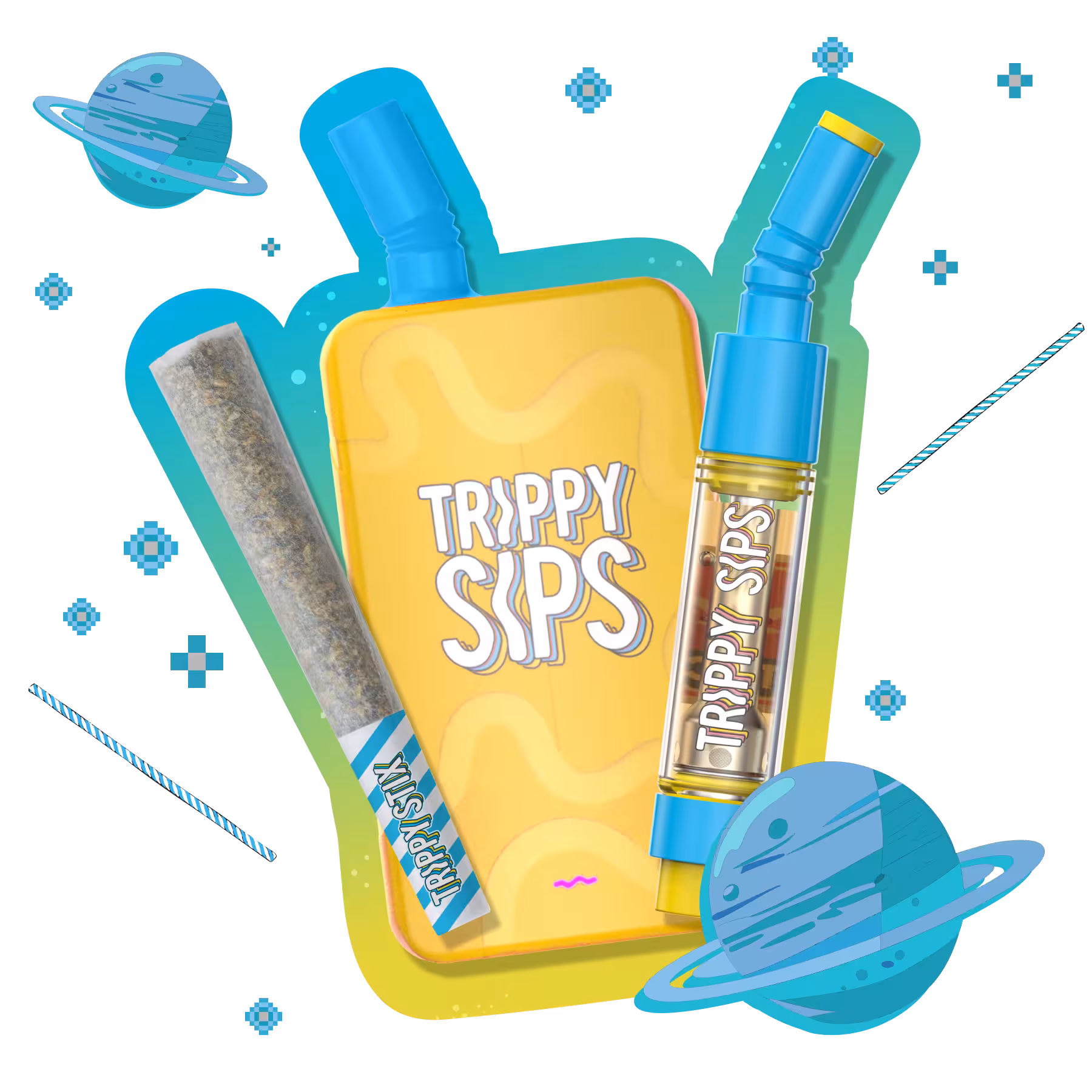 Trippy Sips Blue Lemonade Sativa Vape Cartridge and Liquid Diamonds All-In-One Vape and Liquid Diamonds Infused Pre-Roll