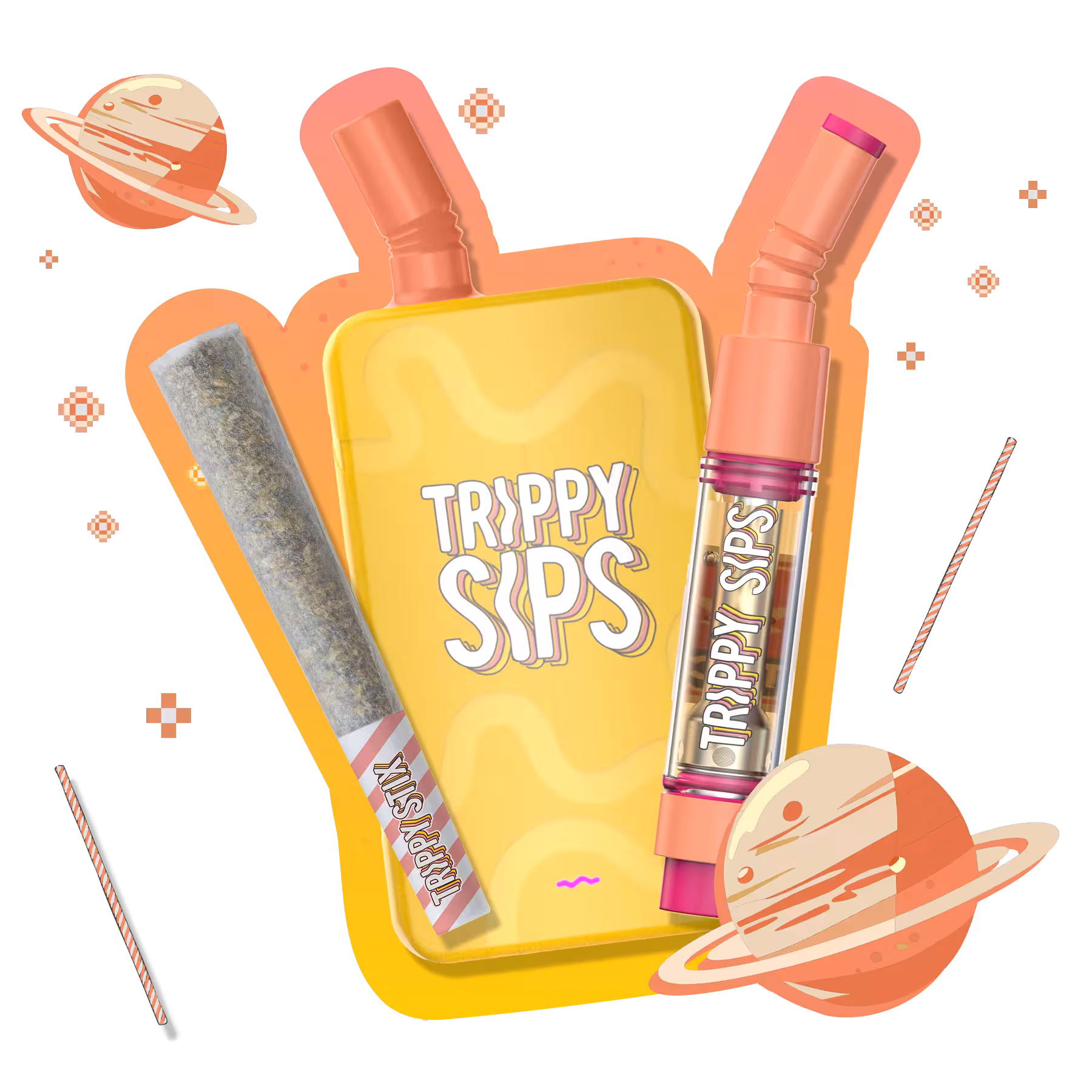 Trippy Sips Peach Punch Sativa Vape Cartridge and Liquid Diamonds All-In-One Vape and Liquid Diamonds Infused Pre-Roll