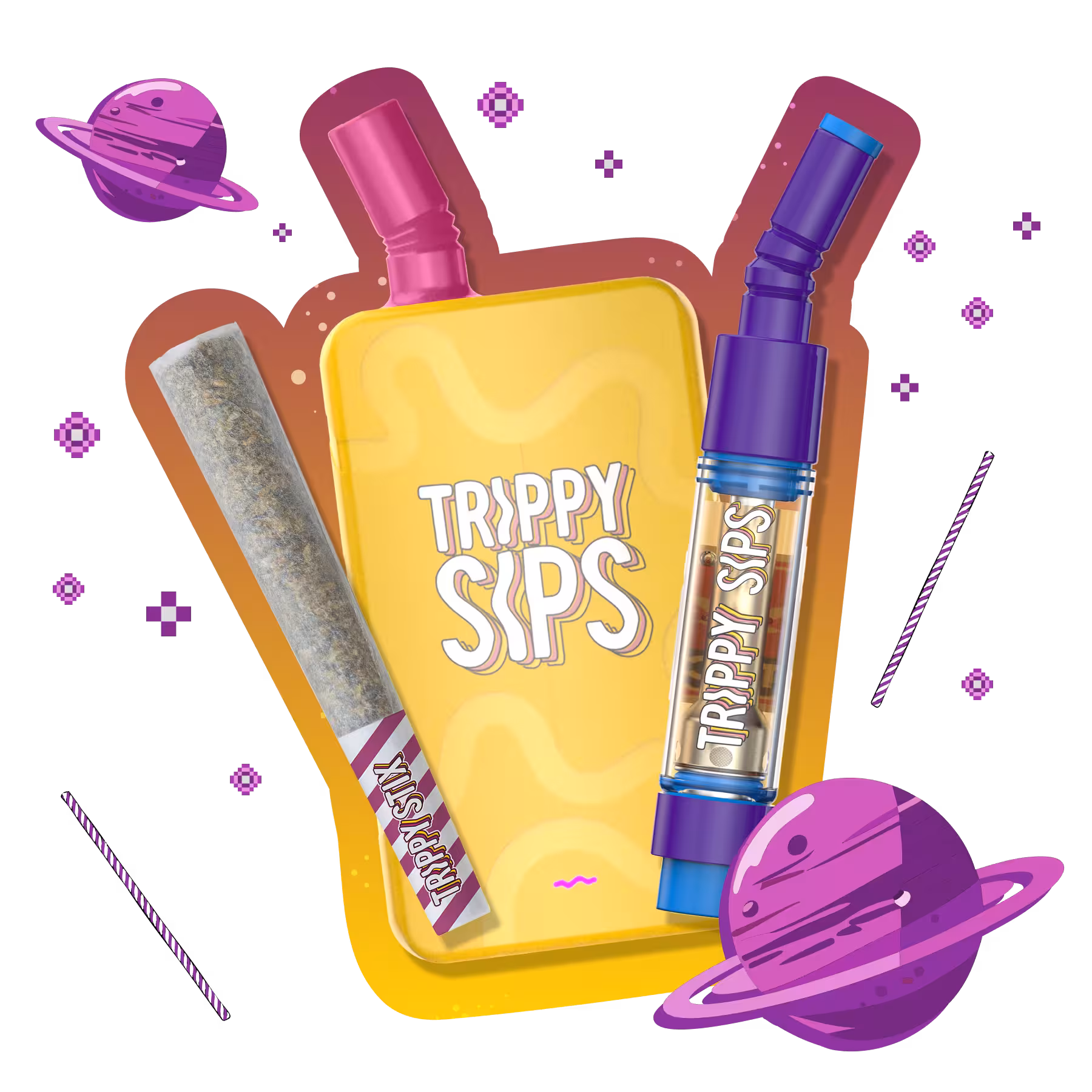 Trippy Sips Kool Grape Sativa Vape Cartridge and All-In-One Vape and Liquid Diamonds Infused Pre-Roll