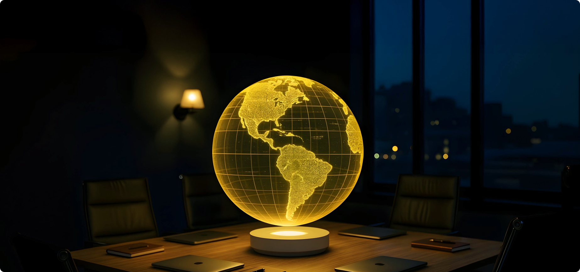 Golden globe with world maps and illuminated connections on a conference table with blurred people in the background.