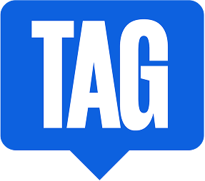 Blue speech bubble shape with white uppercase letters spelling TAG.