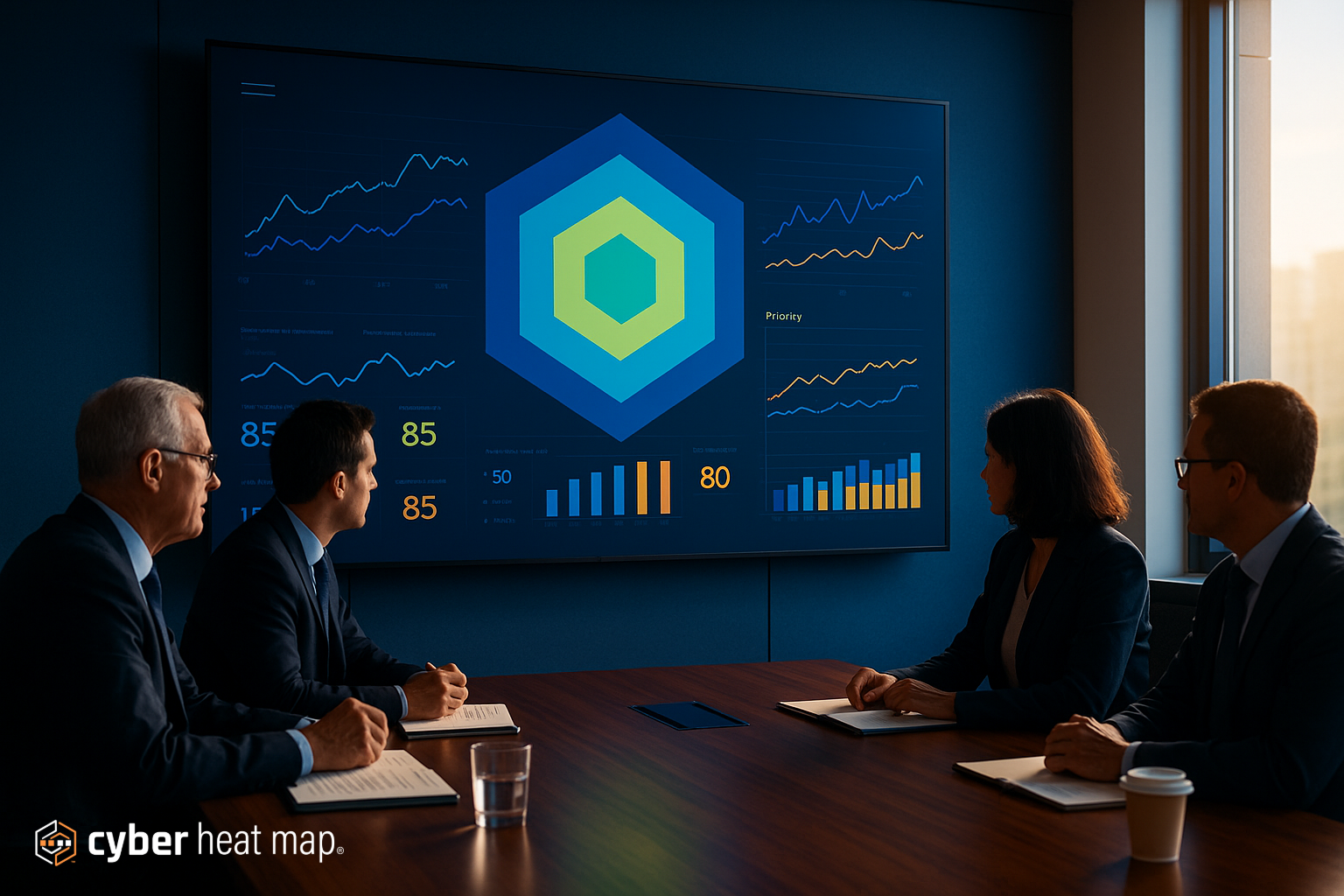 Business team analyzing cyber heat map with priority metrics on screen