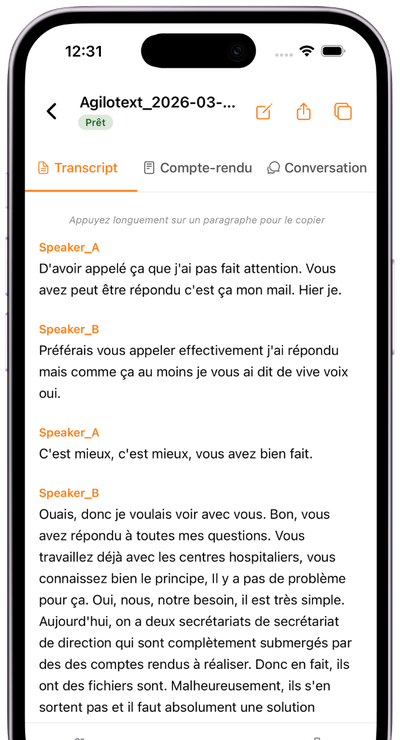 Transcription Agilotext sur iPhone, statut Prêt