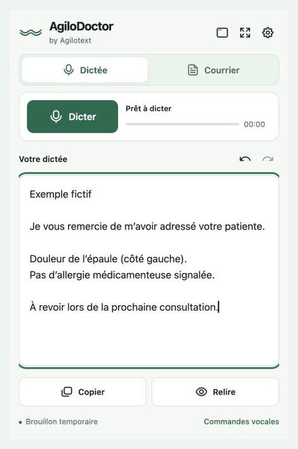 Interface réelle AgiloDoctor : dictée fictive avec parenthèses et correction côté gauche.