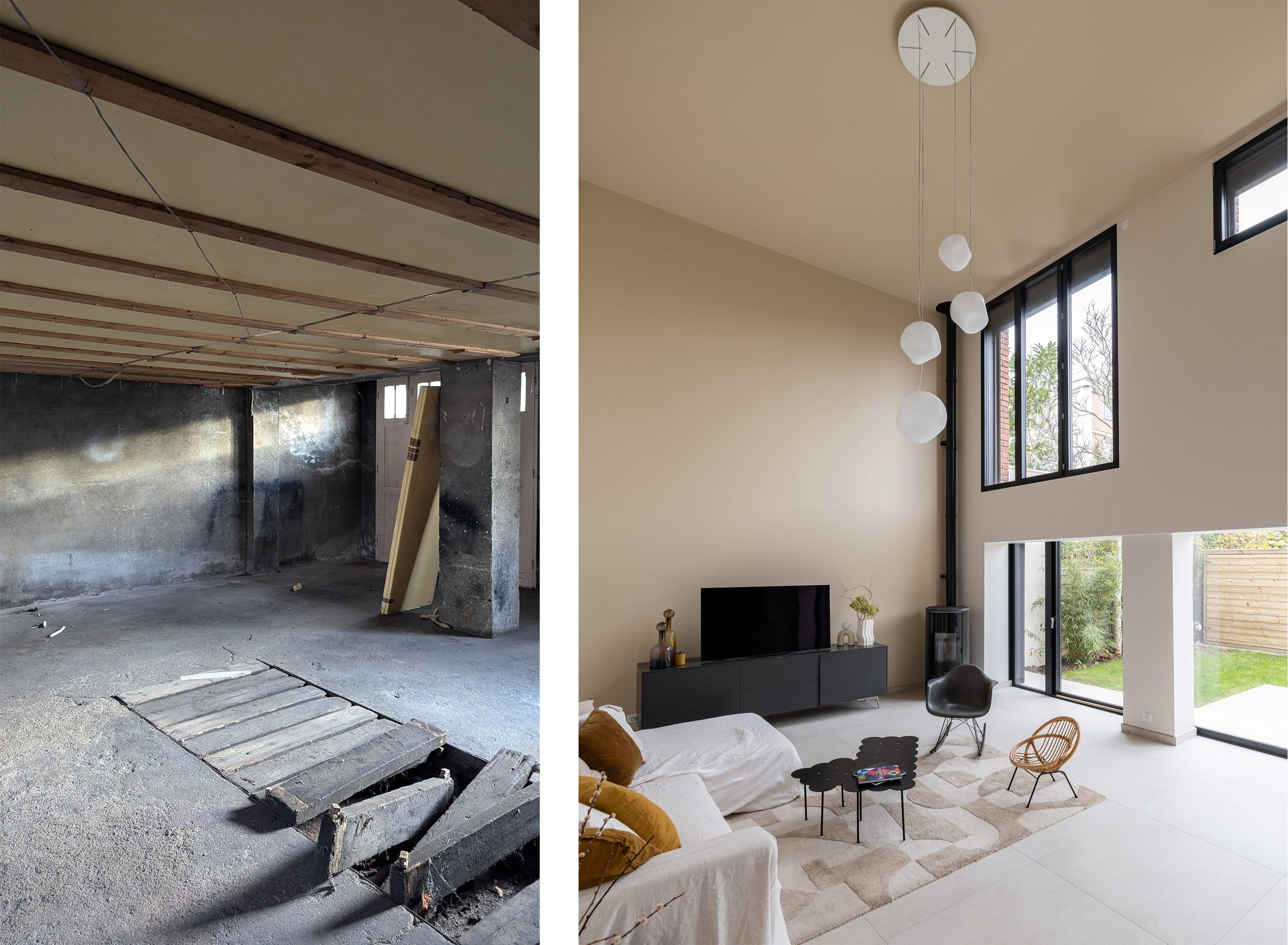 Oïkos Architectes — Maison à Suresnes — avant/après : du garage au salon lumineux ouvert sur le jardin
