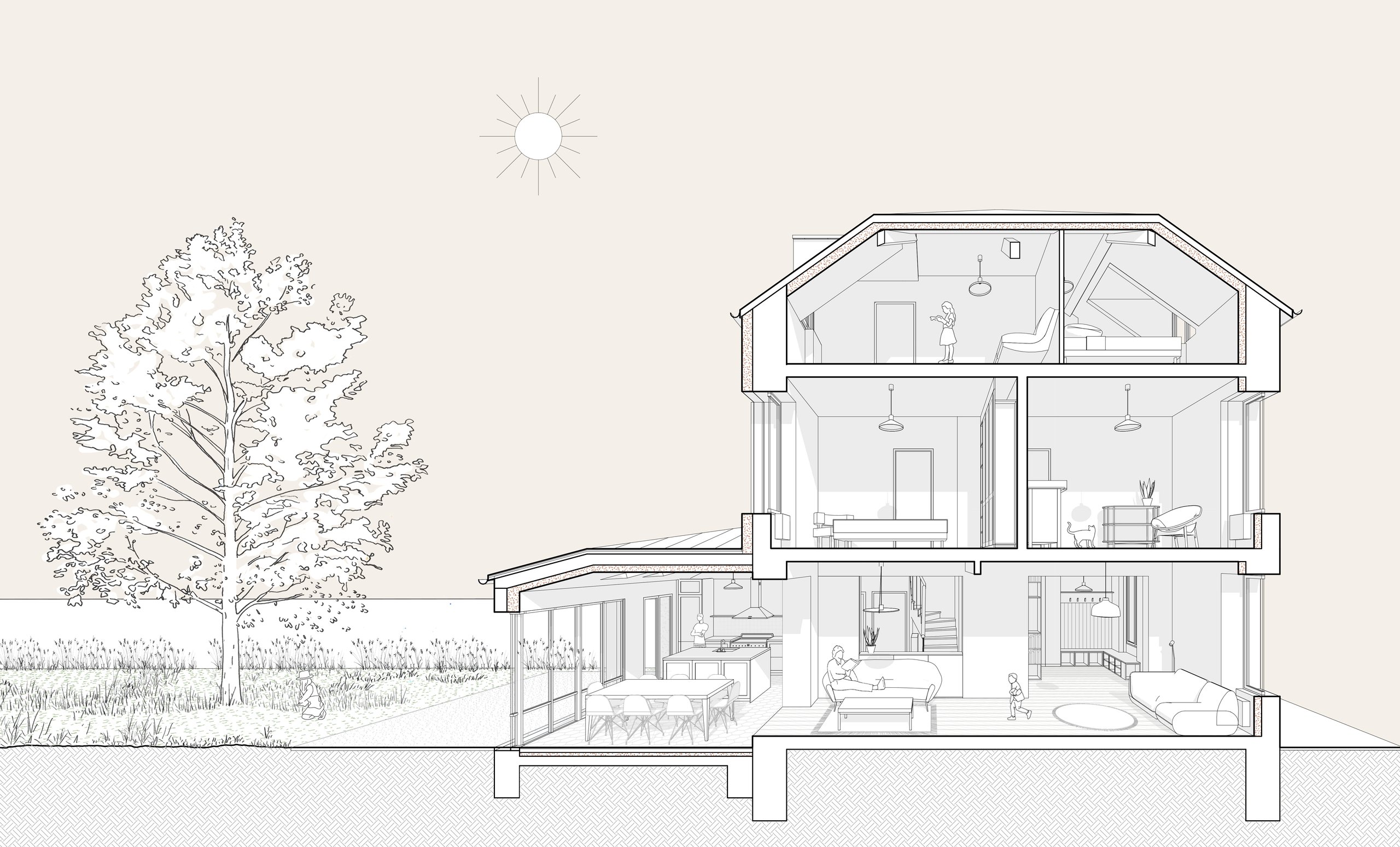 Oïkos Architectes — Rénovation et extension d'une maison à Charenton-le-Pont — coupe de la maison, projet avec extension sur jardin