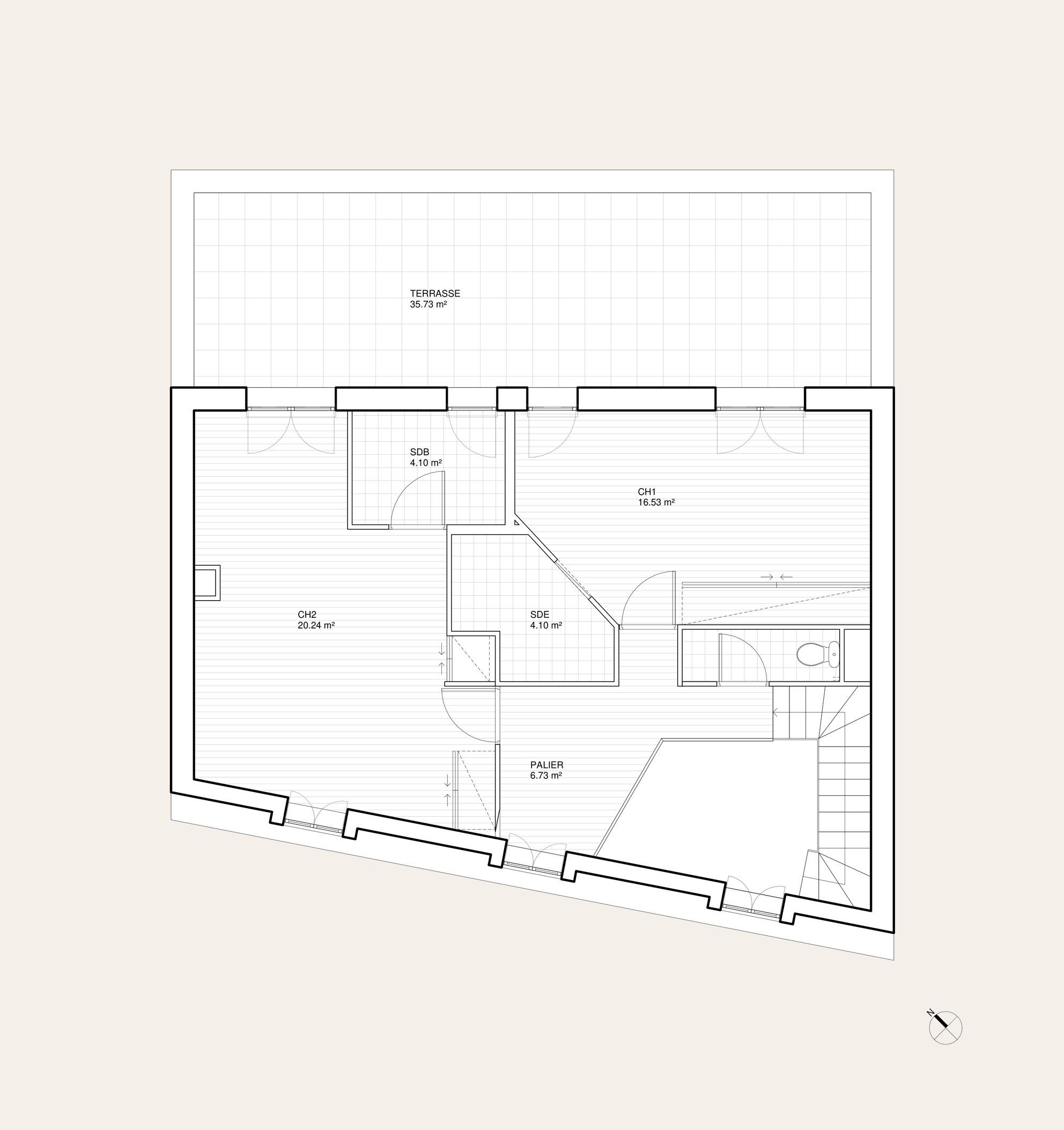 Oïkos Architectes — Rénovation complète duplex 140m² Paris Batignolles — plan existant, niveau chambres