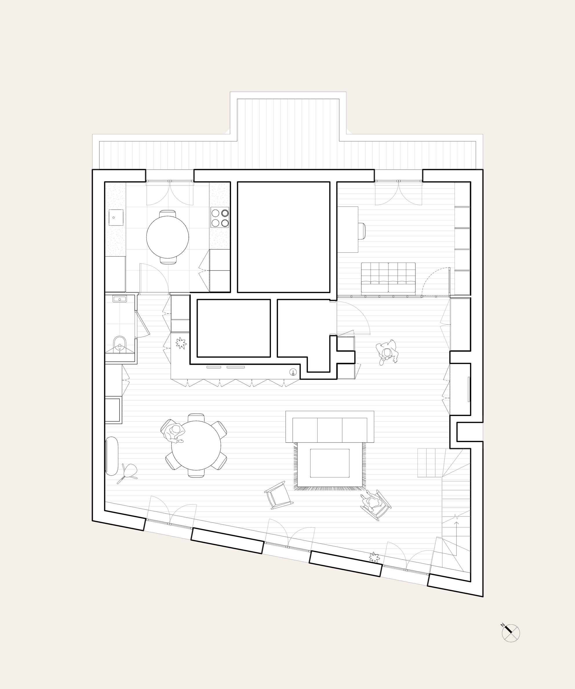 Oïkos Architectes — Rénovation complète duplex 140m² Paris Batignolles — plan projet, niveau séjour