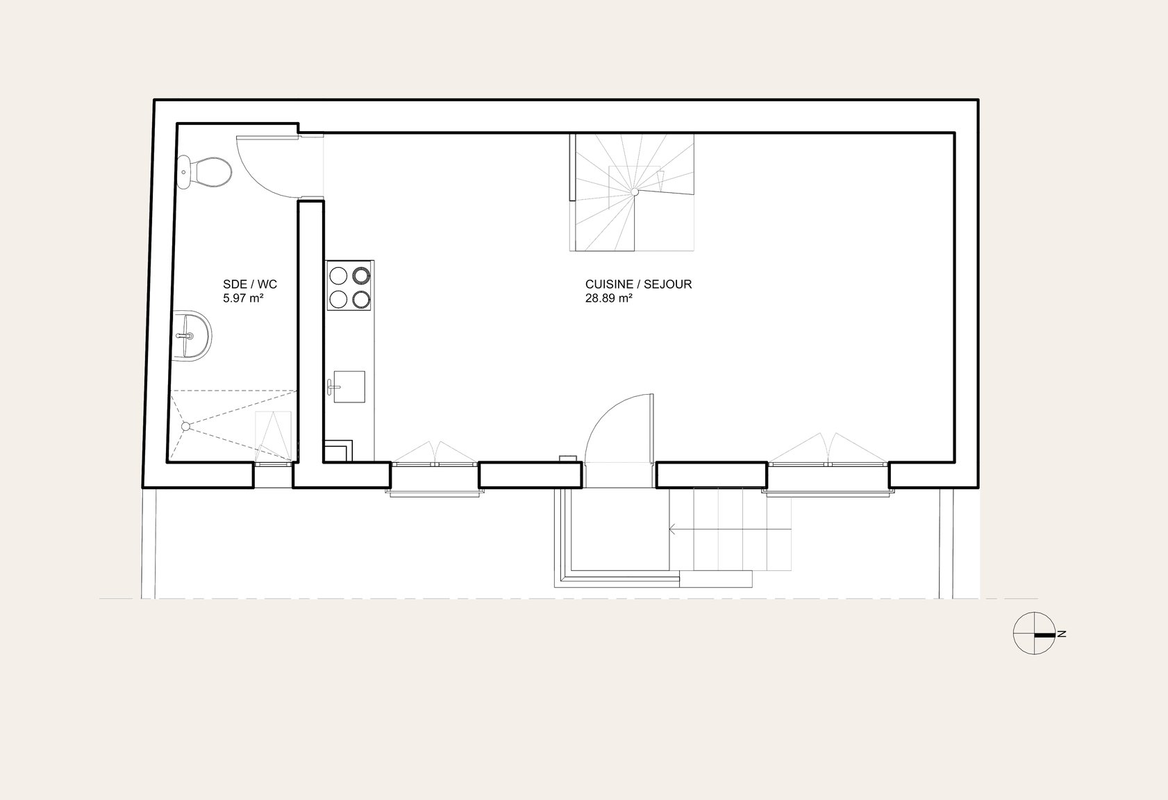 Oïkos Architectes — Surélévation et rénovation d'une maison à Colombes — plan existant, rez-de-chaussée