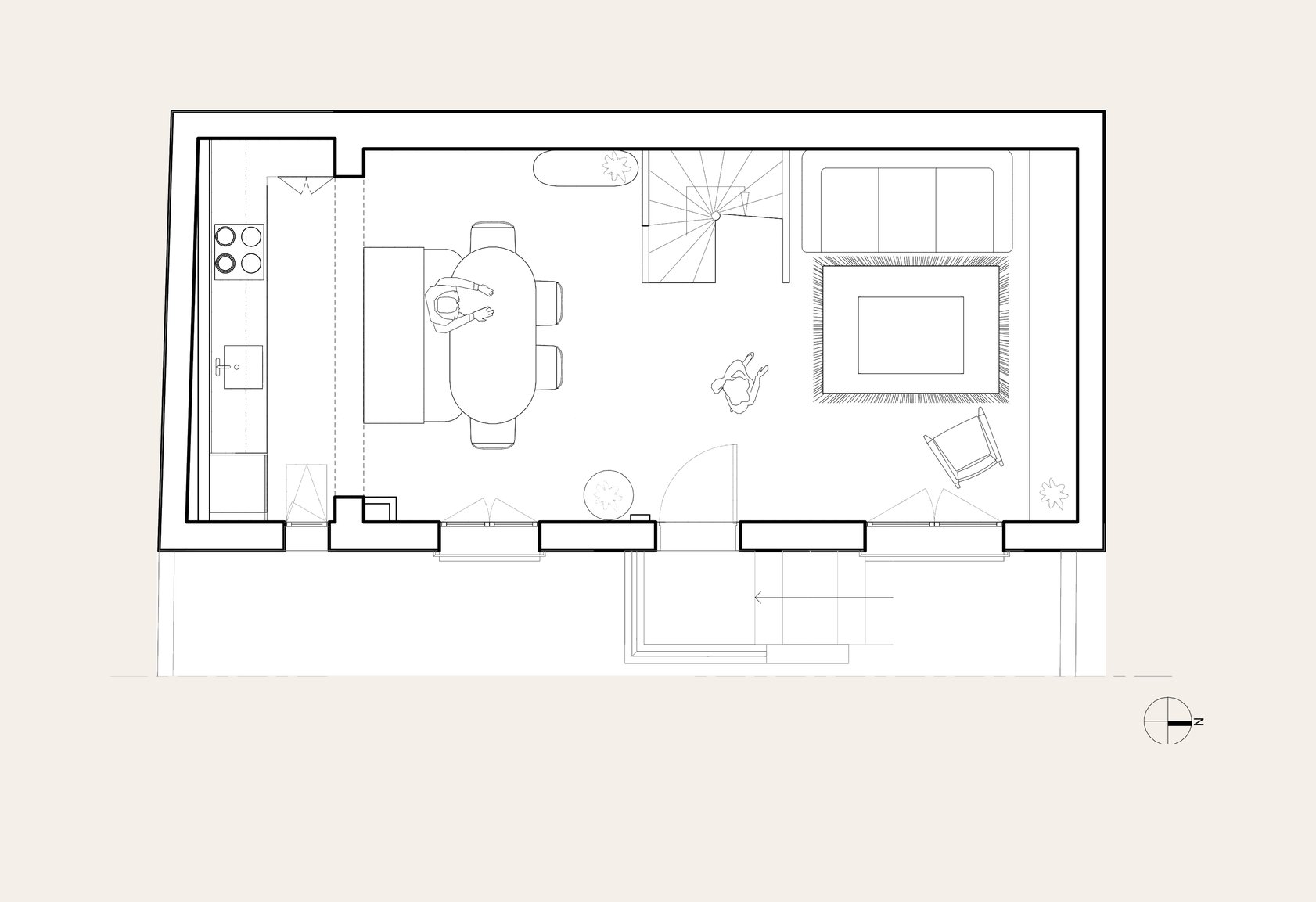 Oïkos Architectes — Surélévation et rénovation d'une maison à Colombes — plan projet, rez-de-chaussée
