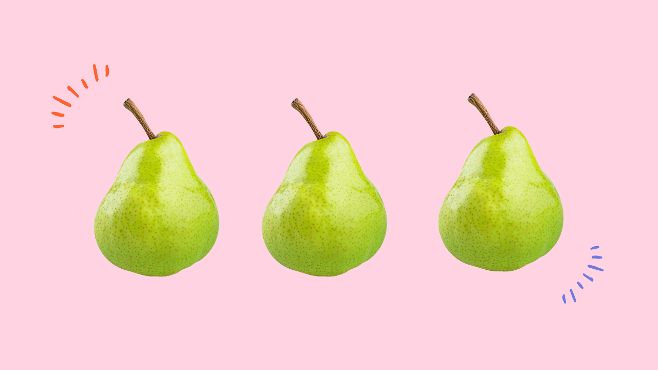 3 green pears on a light pink background
