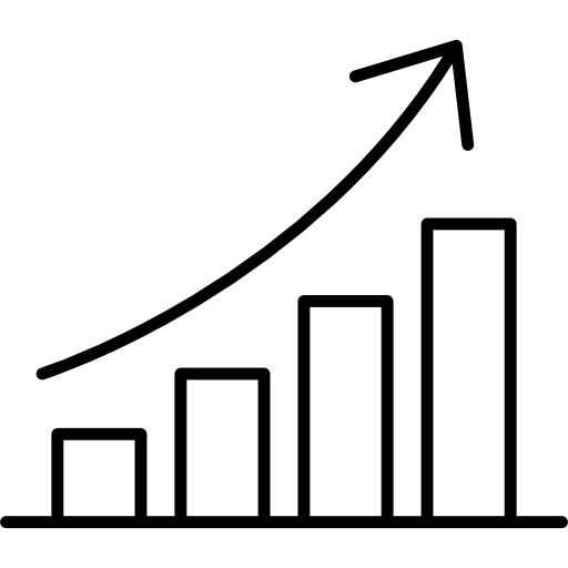 Bar chart with four ascending bars and an upward trending arrow above.