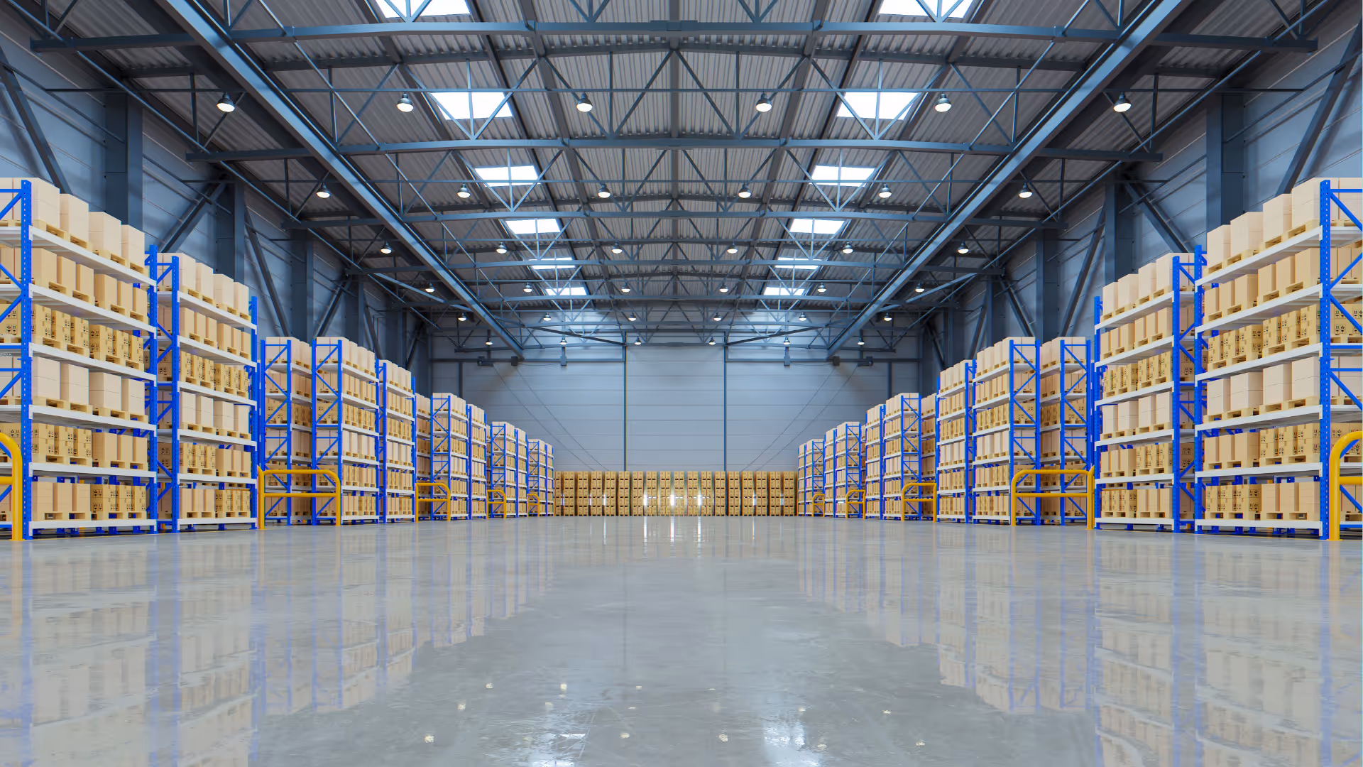 Large warehouse with blue metal shelving filled with stacked cardboard boxes and polished concrete floor reflecting lights.