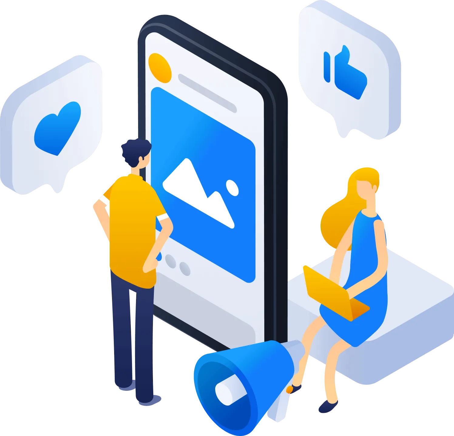 Dwóch ludzi obok dużego smartfona z ikoną zdjęcia, on stoi w żółtej koszulce, ona siedzi z laptopem, wokół ikony serca i kciuka w górę.