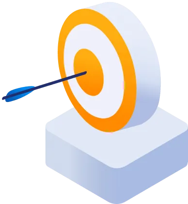 Strzała trafiająca w sam środek pomarańczowo-białej tarczy na białym stojaku.