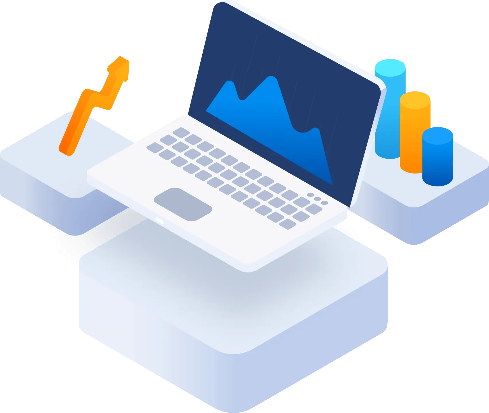 Grafika przedstawiająca laptop z wykresem oraz wykresy słupkowe i liniowe wokół niego.