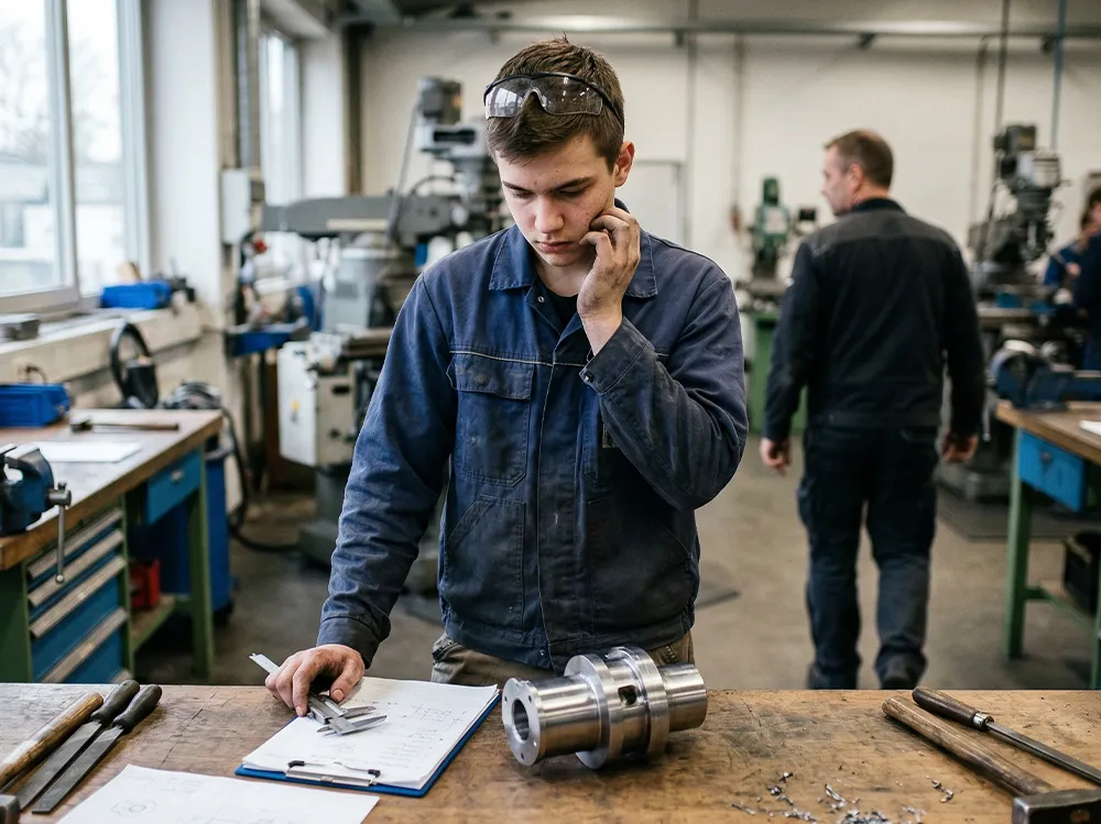Ein Ausbilder zeigt einem Lehrling in einer modernen Industrieumgebung eine technische Aufgabe, während unklare Erwartungen zu Unsicherheit führen.