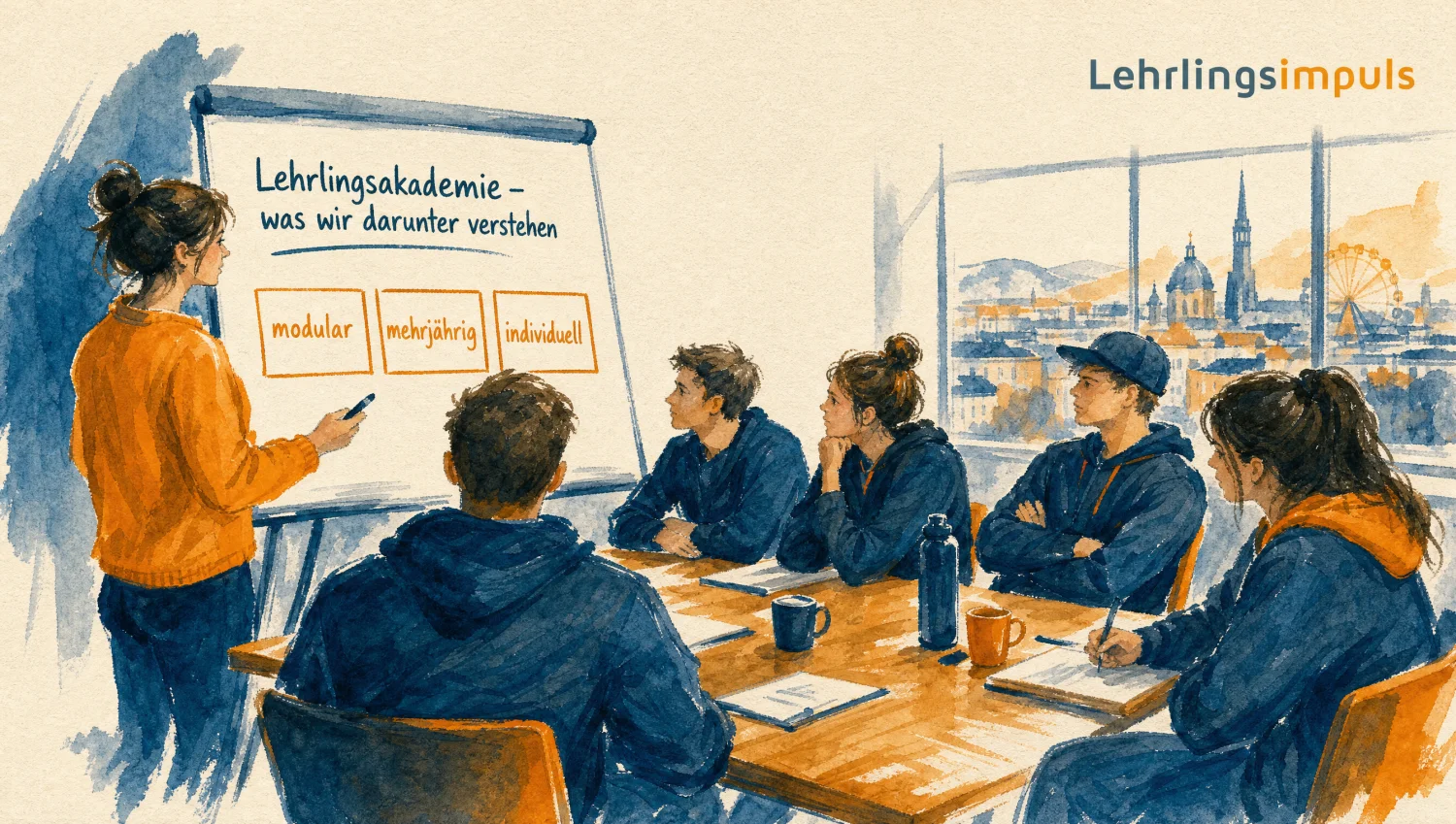 Trainerin am Flipchart erklärt sechs Lehrlingen die drei Eigenschaften einer Lehrlingsakademie: modular, mehrjährig, individuell.