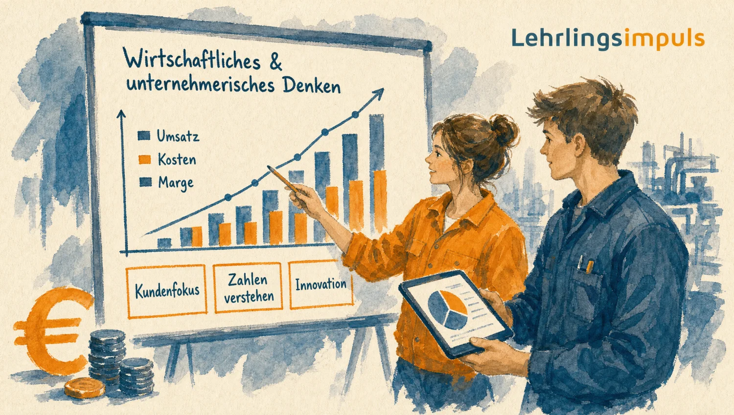 Zwei Lehrlinge analysieren ein Geschäftsdiagramm mit Umsatz, Kosten und Marge sowie den Karten Kundenfokus, Zahlen verstehen, Innovation.
