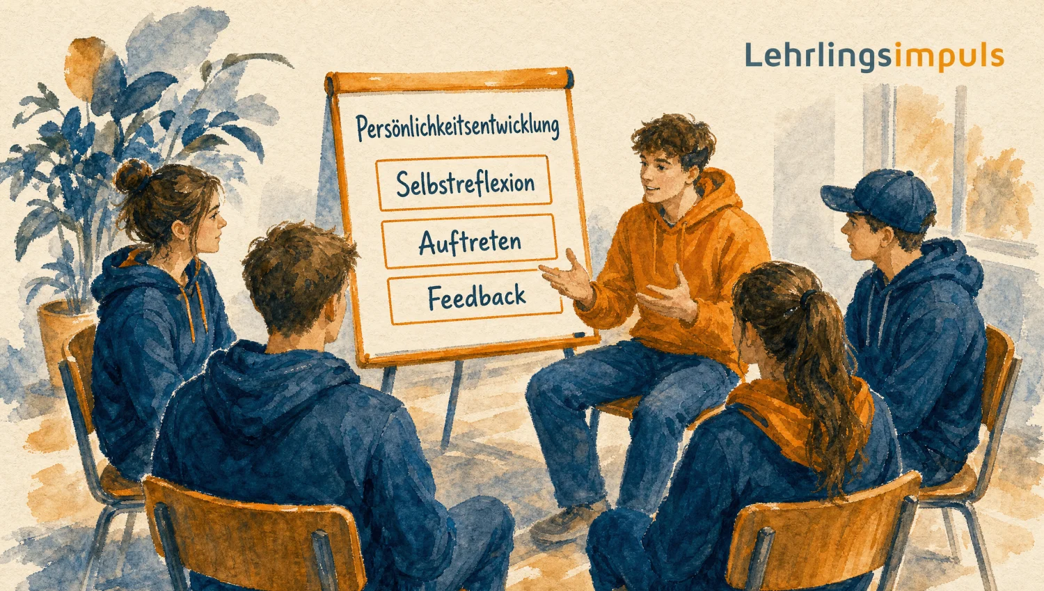 Reflexionsrunde mit fünf Lehrlingen rund um ein Flipchart mit den Themen Selbstreflexion, Auftreten, Feedback.