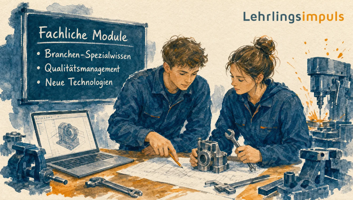 Zwei Lehrlinge in der Werkstatt arbeiten an einer technischen Zeichnung, daneben Tafel mit den fachlichen Modulen.