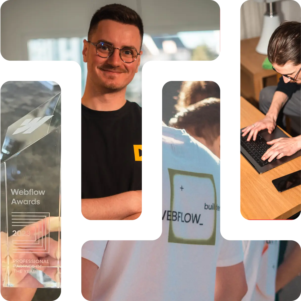 Image avec un awards Webflow, image avec Thibaut, image avec le t-shirt Webflow Builder, Image de Lucas qui développe